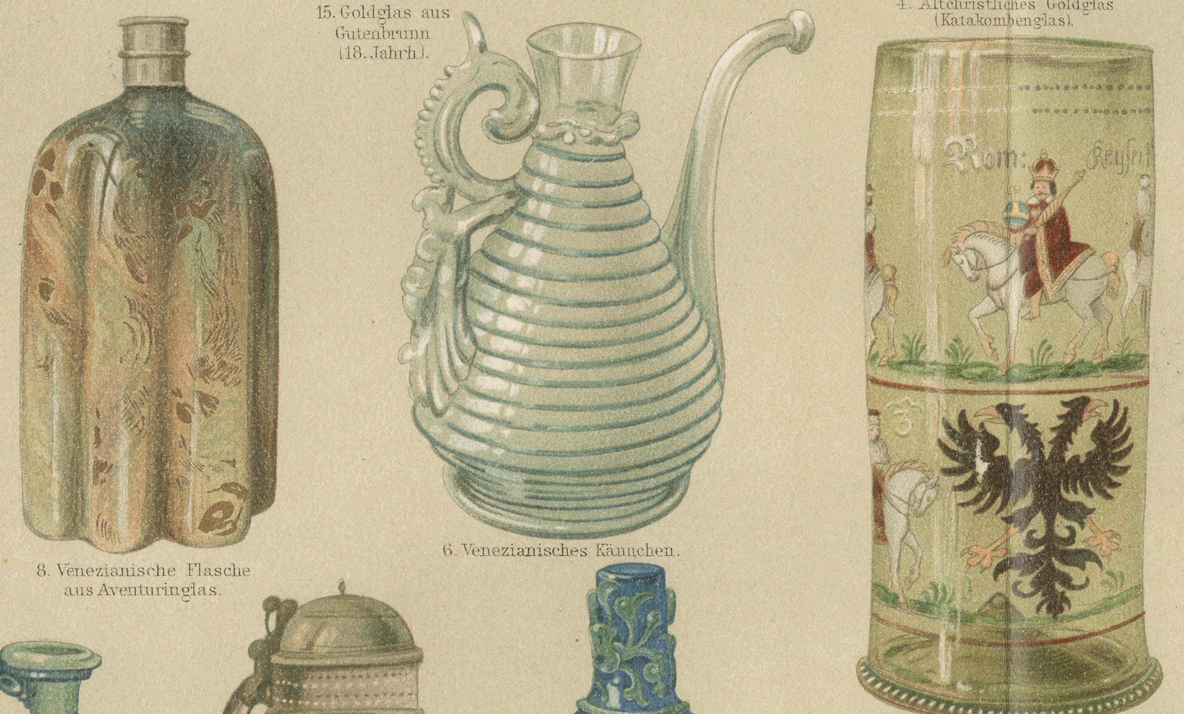 Art Nouveau Glass & Historic Glassmaking, Pair of Meyers Chromolithographs, 1898