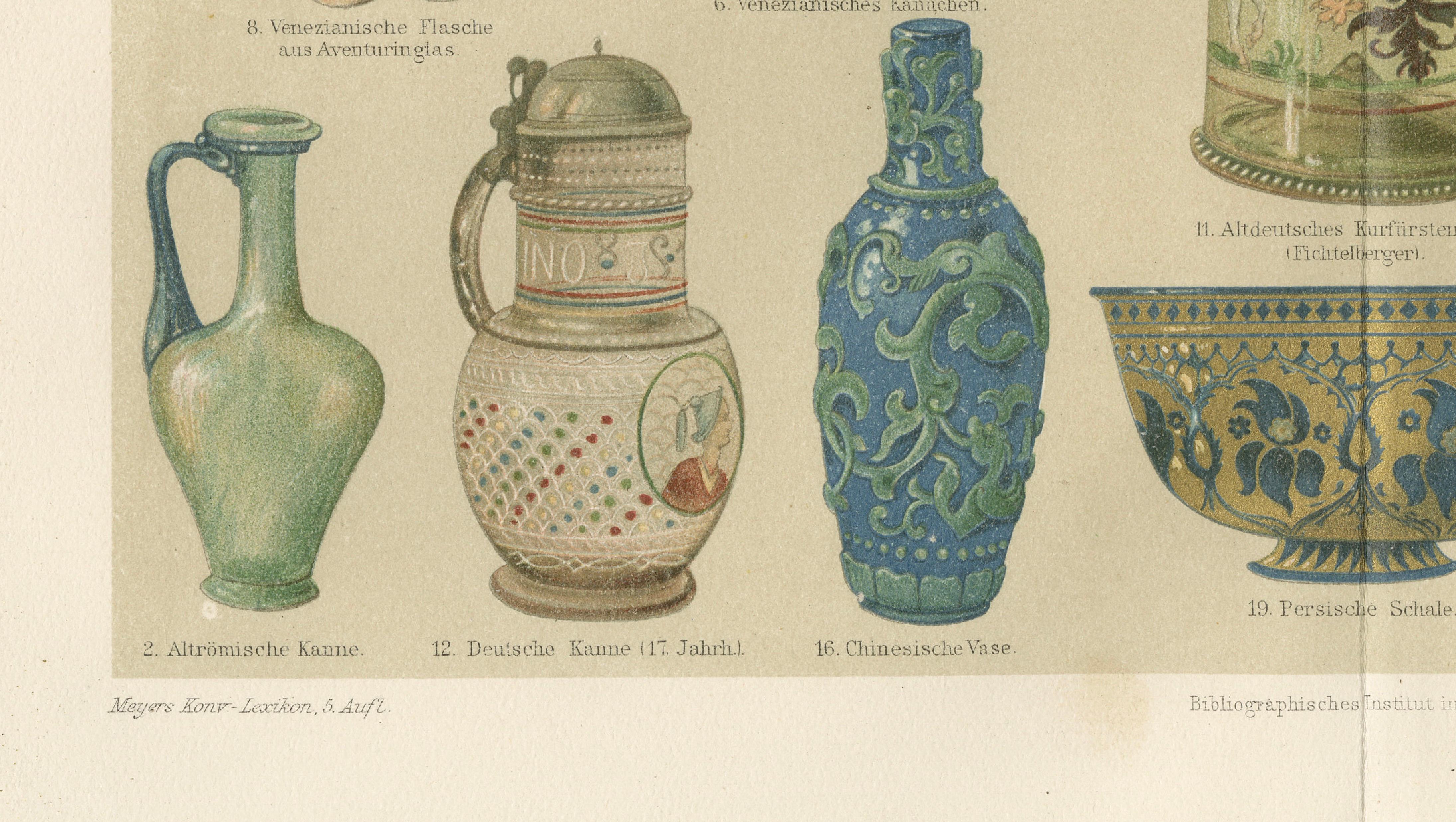 Art Nouveau Glass & Historic Glassmaking, Pair of Meyers Chromolithographs, 1898