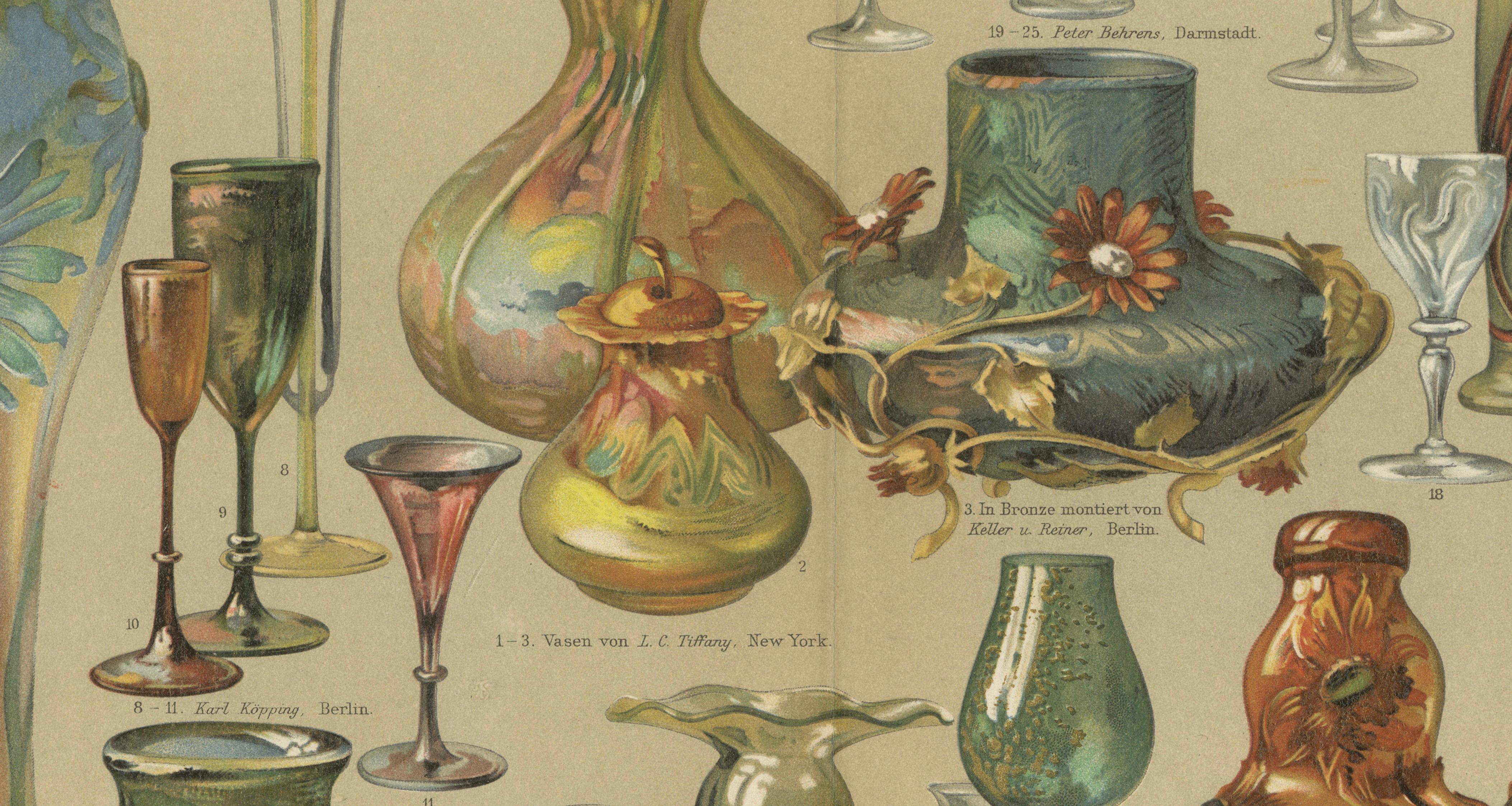 Art Nouveau Glass & Historic Glassmaking, Pair of Meyers Chromolithographs, 1898
