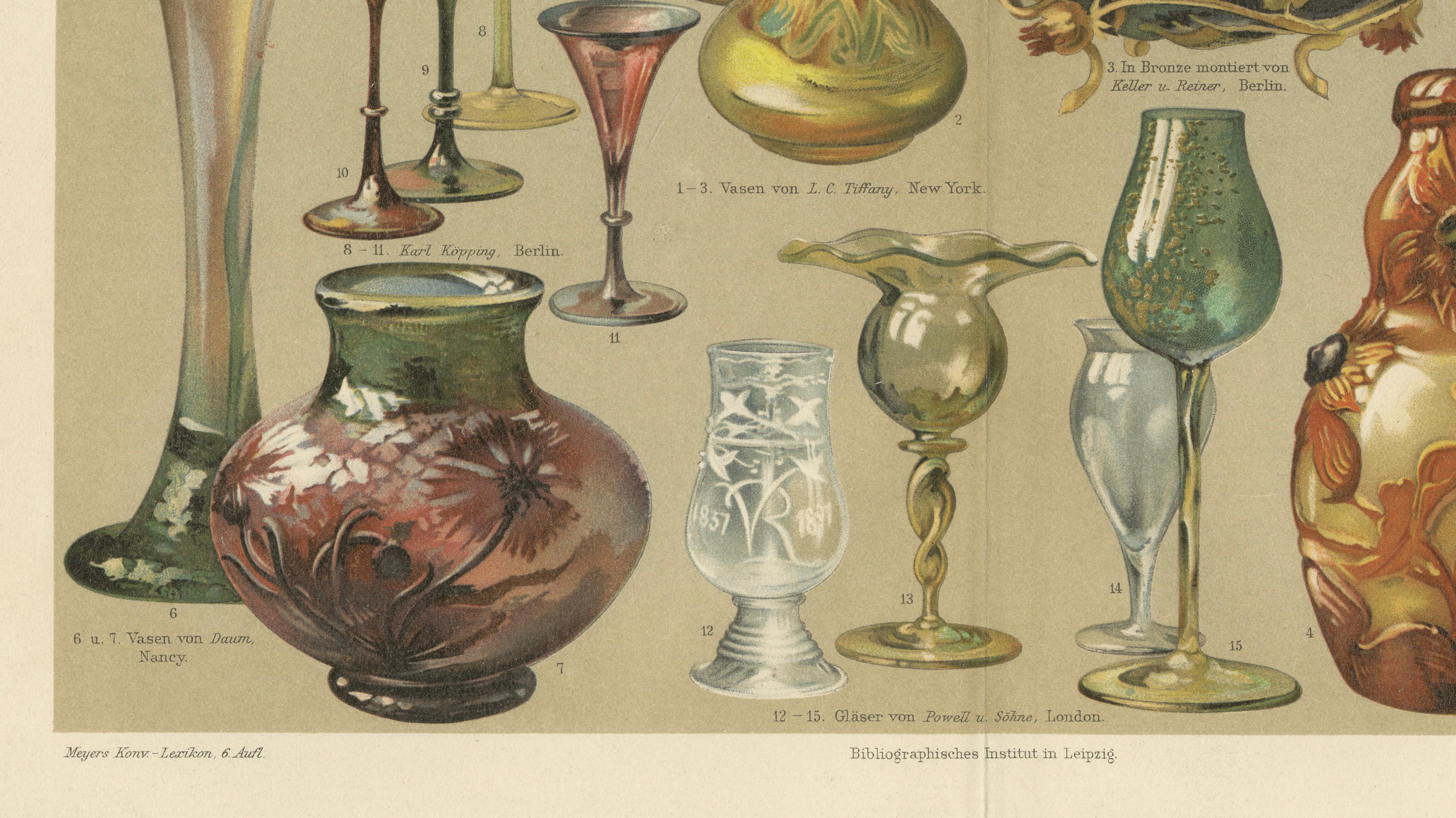 Art Nouveau Glass & Historic Glassmaking, Pair of Meyers Chromolithographs, 1898