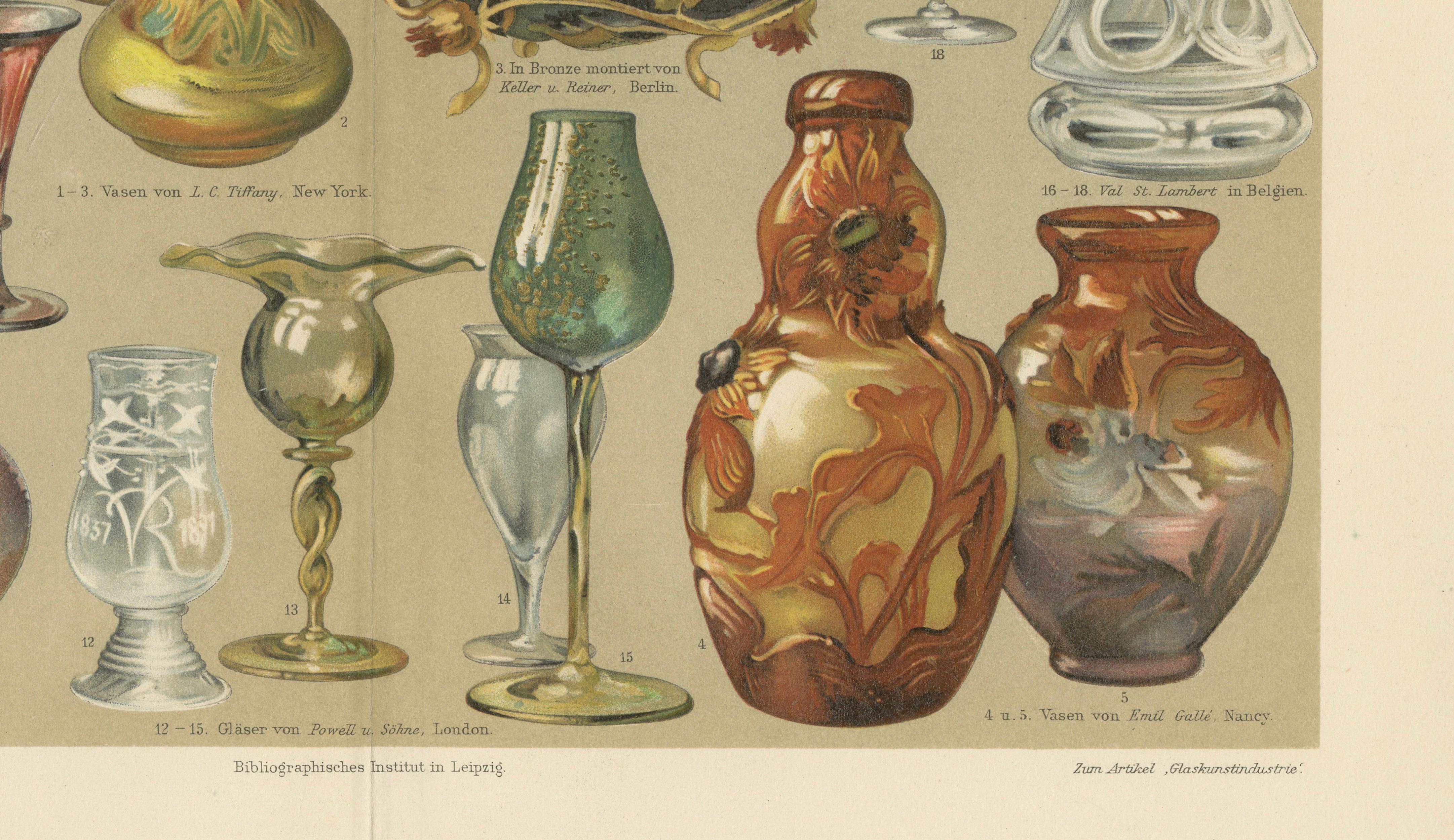 Art Nouveau Glass & Historic Glassmaking, Pair of Meyers Chromolithographs, 1898
