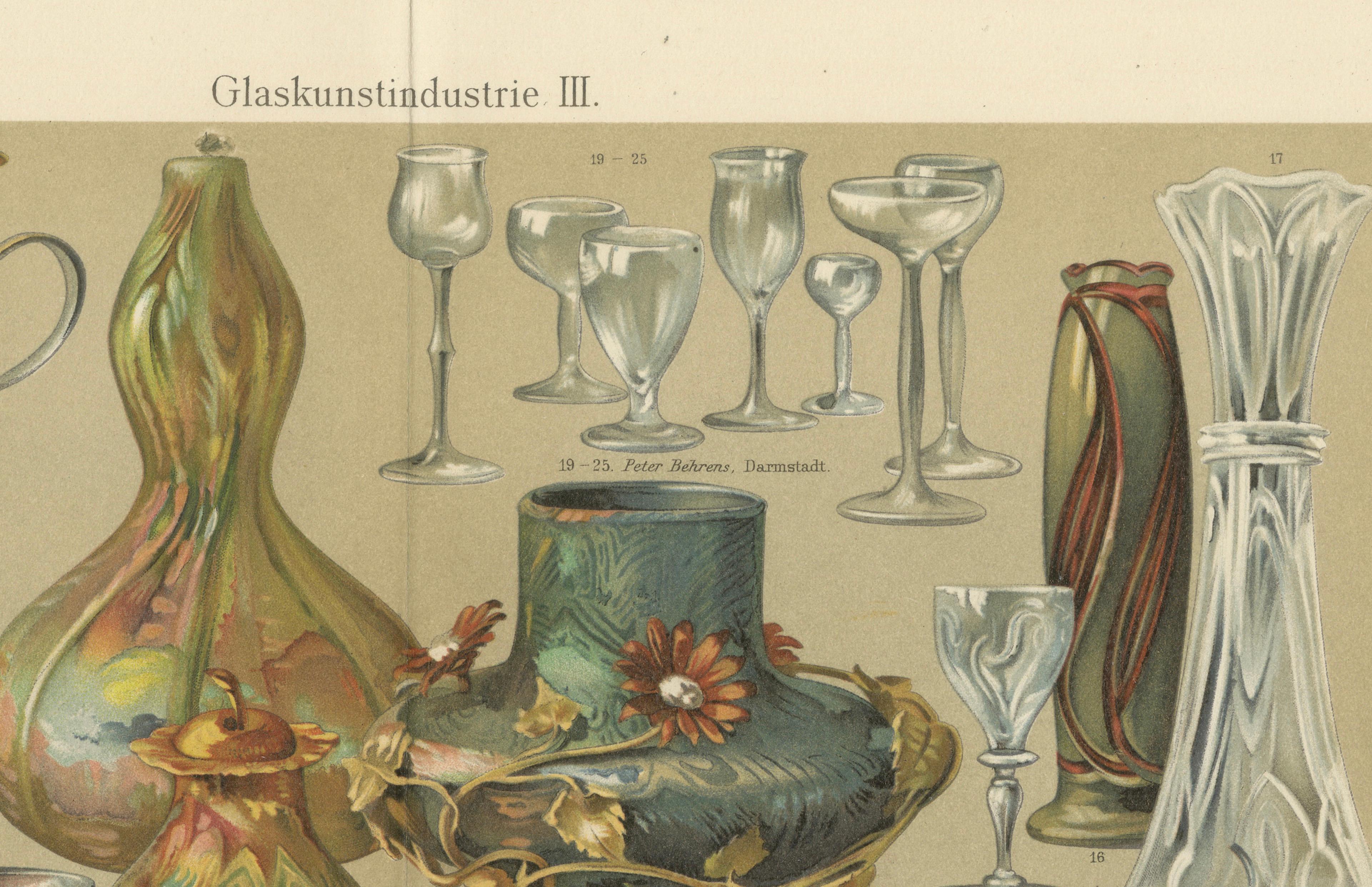 Art Nouveau Glass & Historic Glassmaking, Pair of Meyers Chromolithographs, 1898