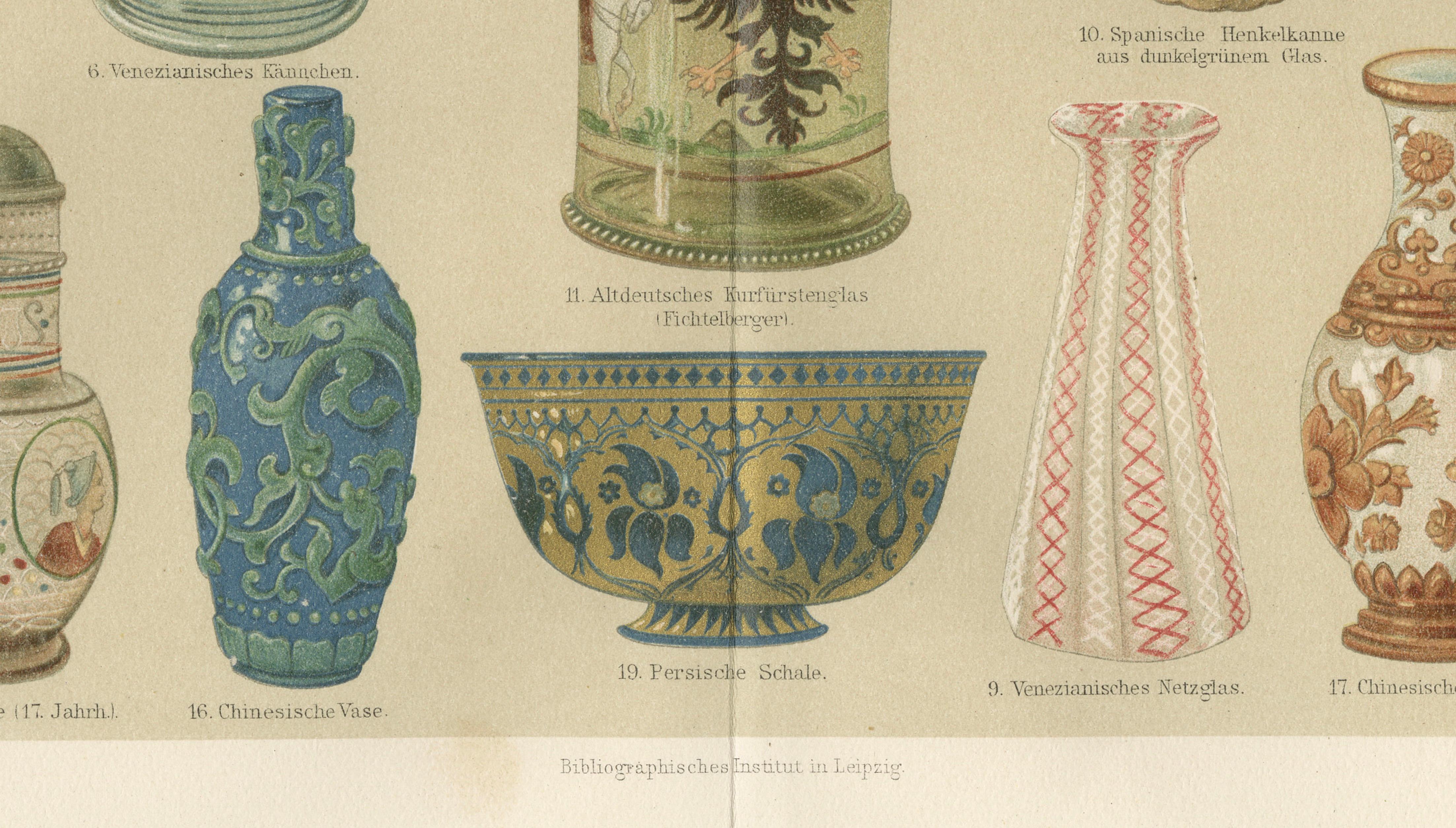 Art Nouveau Glass & Historic Glassmaking, Pair of Meyers Chromolithographs, 1898