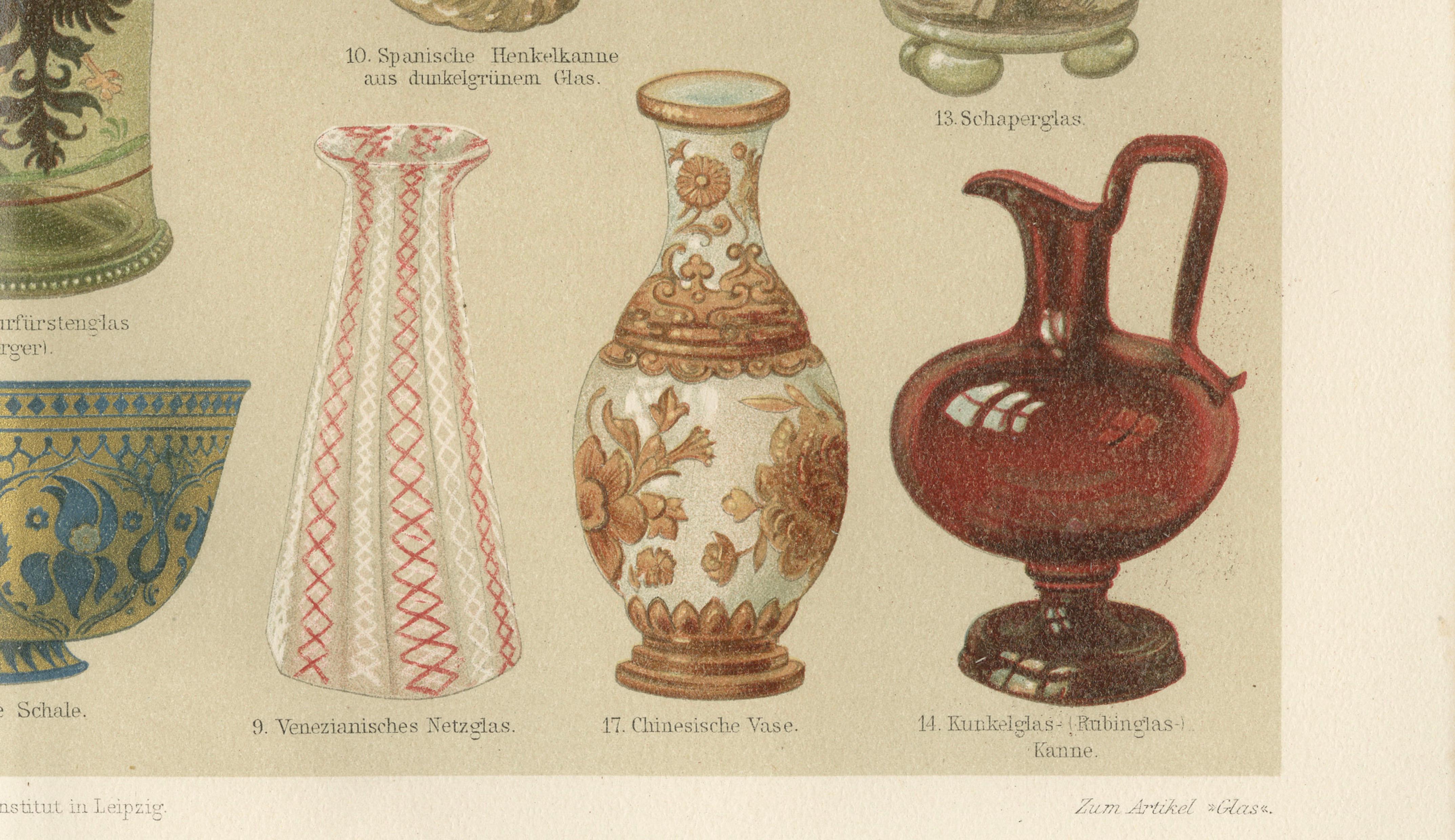Art Nouveau Glass & Historic Glassmaking, Pair of Meyers Chromolithographs, 1898