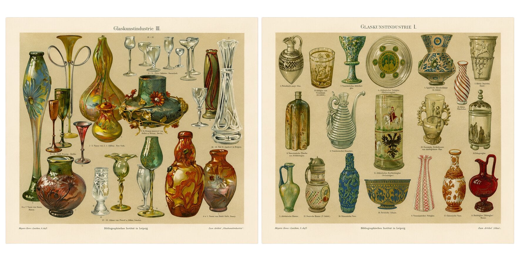 Verre Art Nouveau & Verrerie Historique, Paire de Chromolithographies de Meyers, 1898 en vente