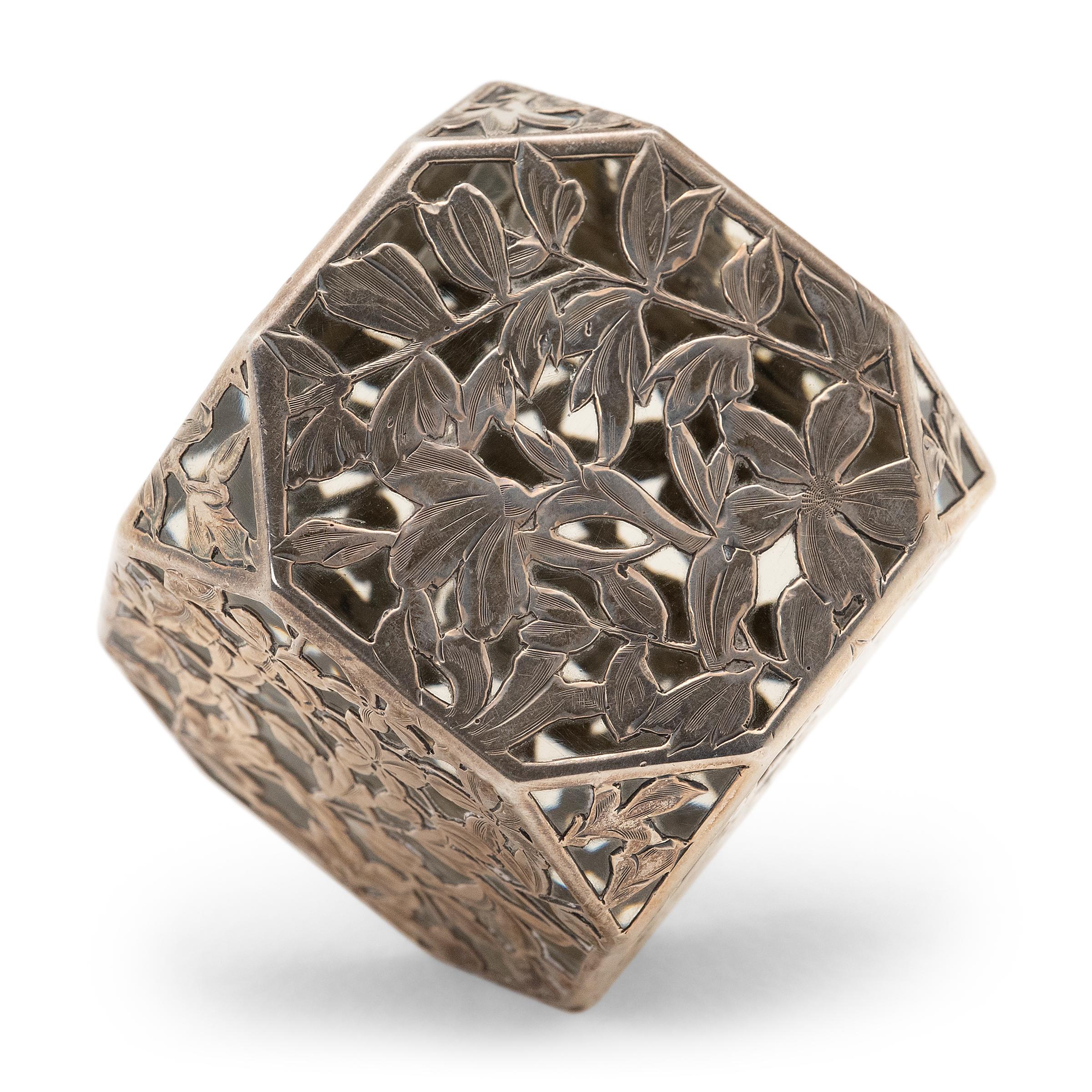 American Art Nouveau Glass Paperweight with Floral Silver Overlay, c. 1910s For Sale