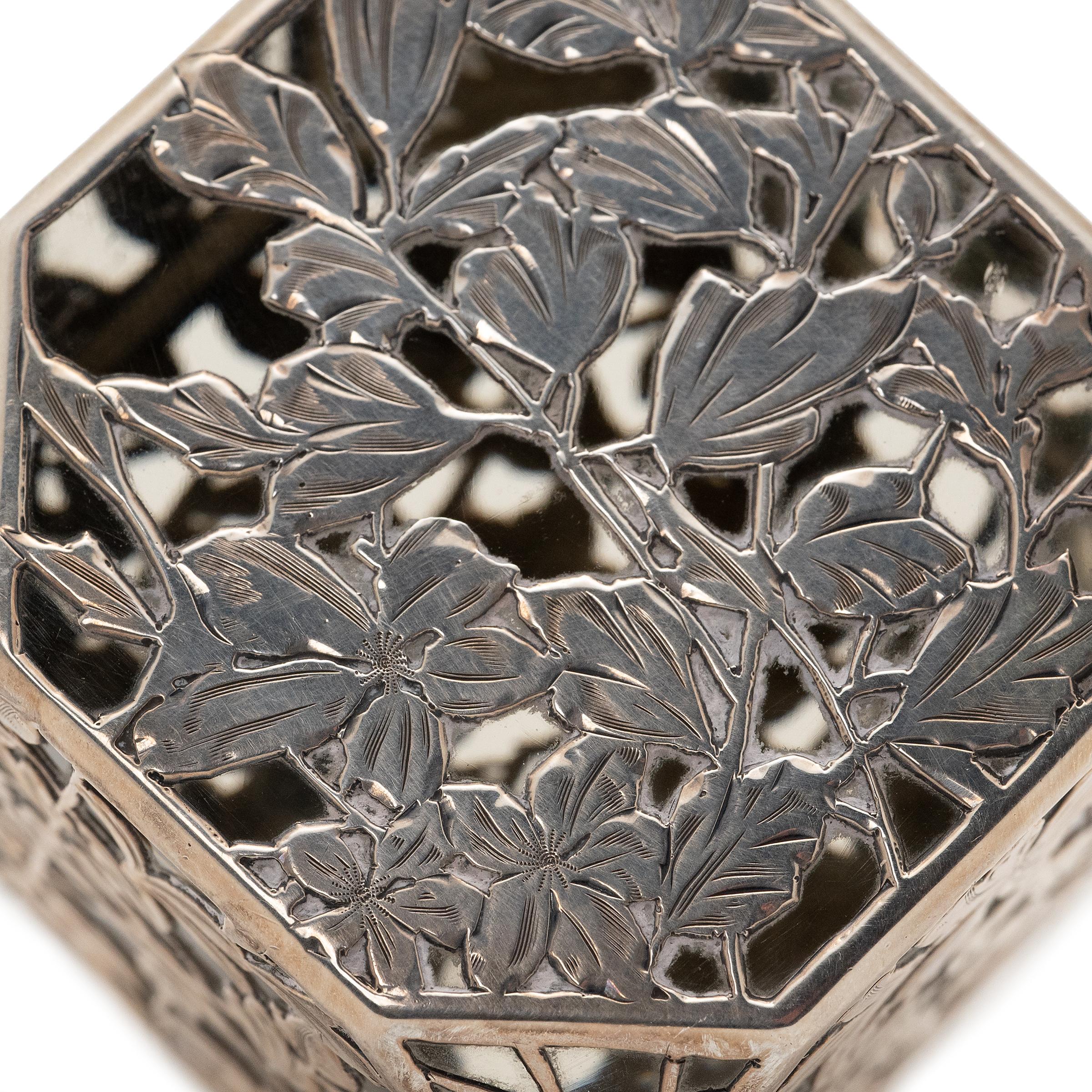 Etched Art Nouveau Glass Paperweight with Floral Silver Overlay, c. 1910s For Sale