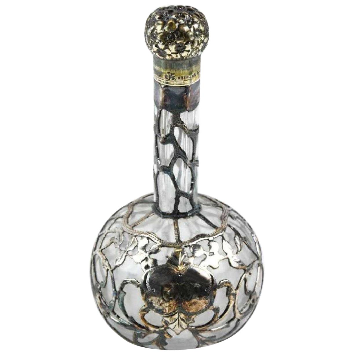 Flacon de parfum en verre Art Nouveau avec incrustation filigrane en argent sterling anglais