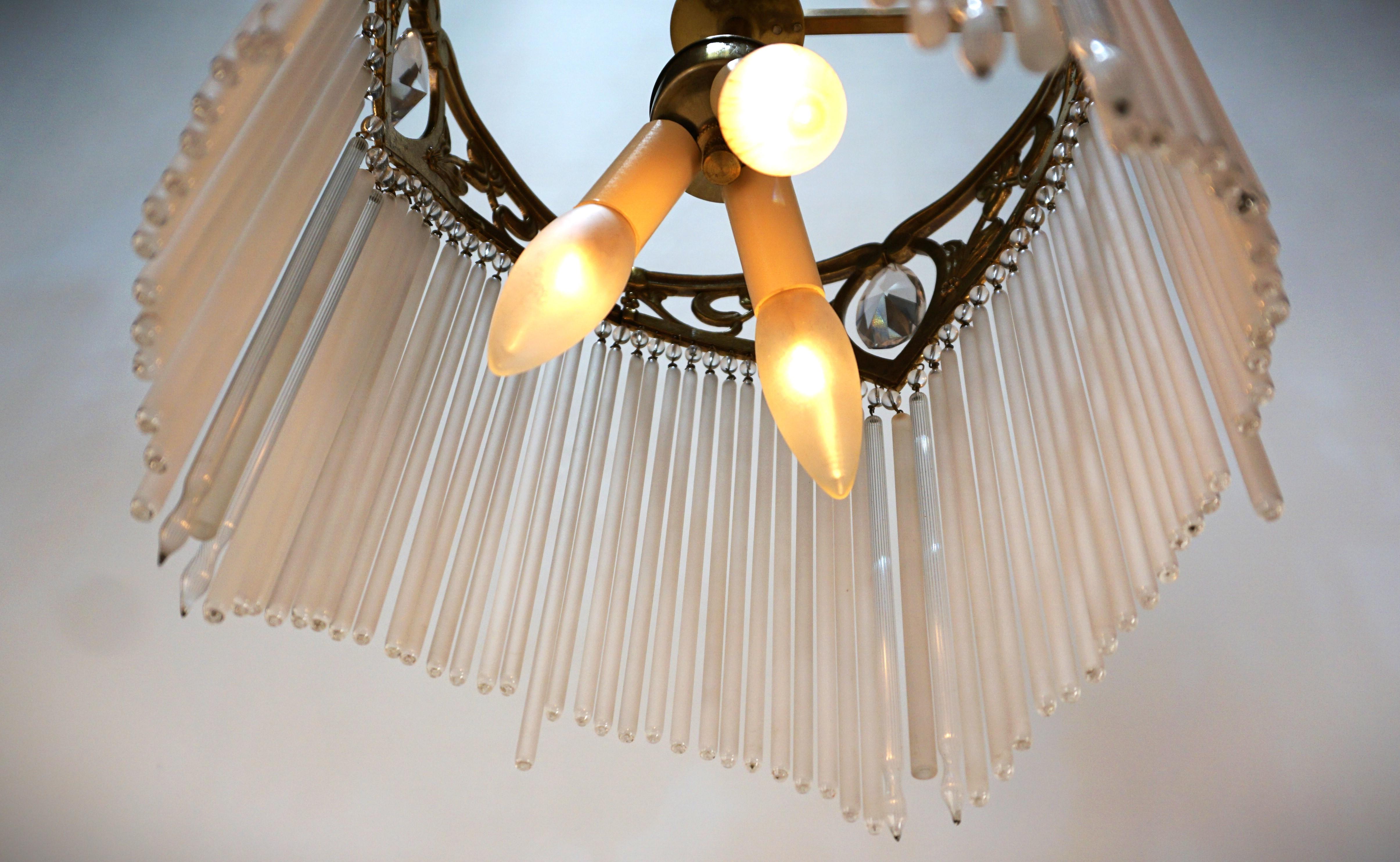 Bronze Art Nouveau Glass Rods Chandelier After Hector Guimard