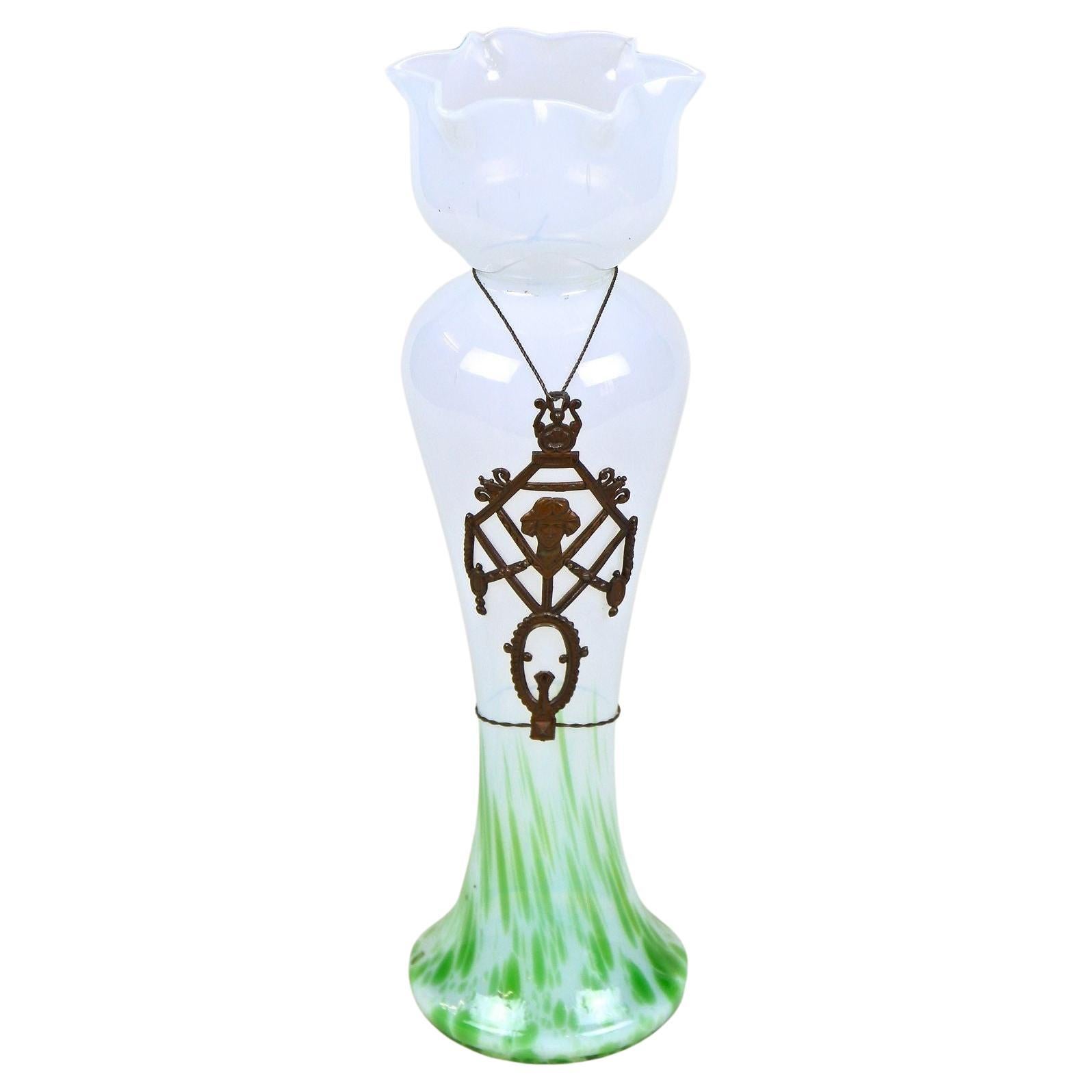 Art Nouveau Glass Vase by Kralik with Bronzed Tin Mounting, Bohemia circa 1905