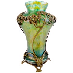 Antique Exceptionnal Art Nouveau Glass Vase  Flower Bronze Overlay,  Loetz Tiffany Era