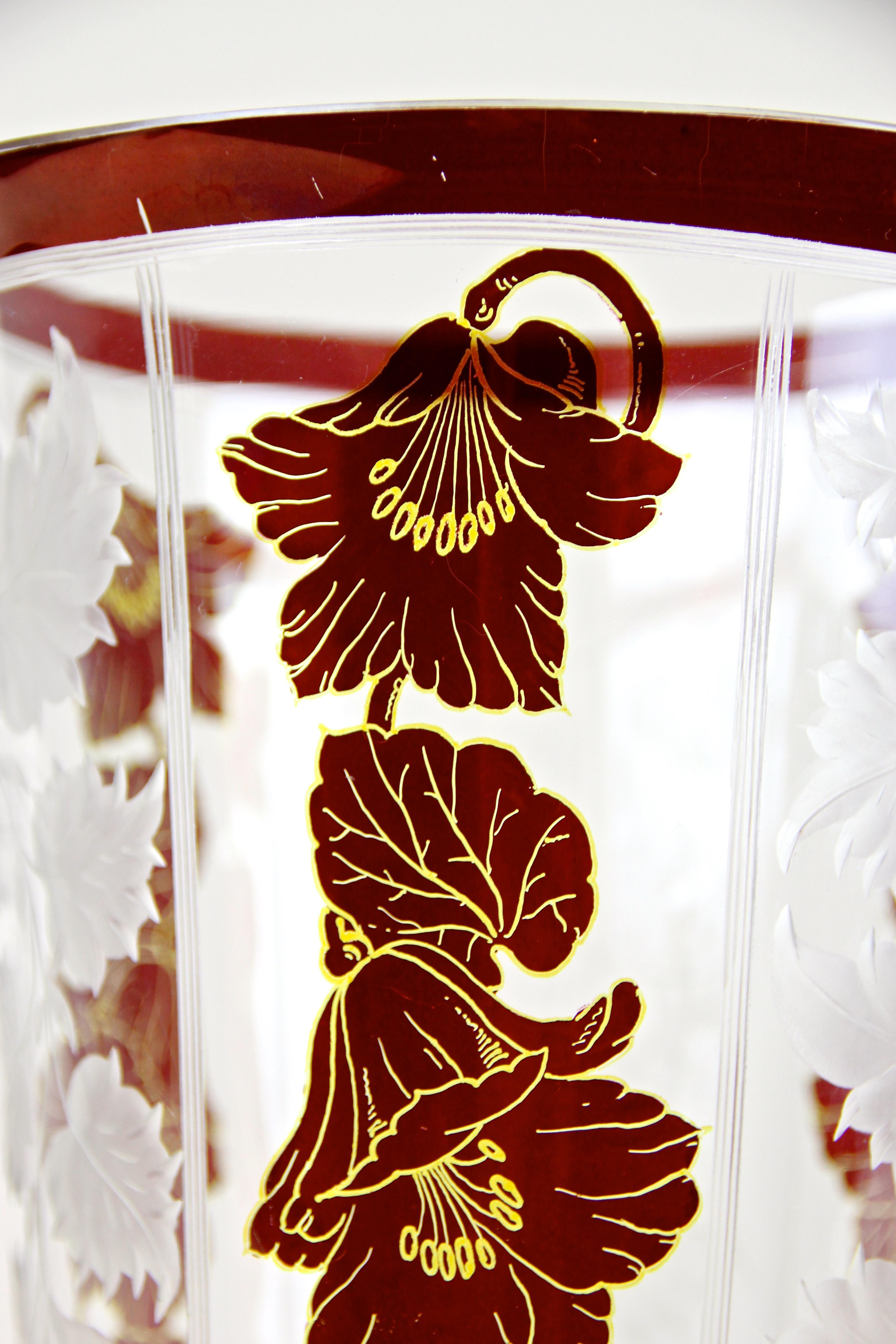 Art Nouveau Glass Vase with Flowers and Engraved Leaves, Austria, circa 1900 6