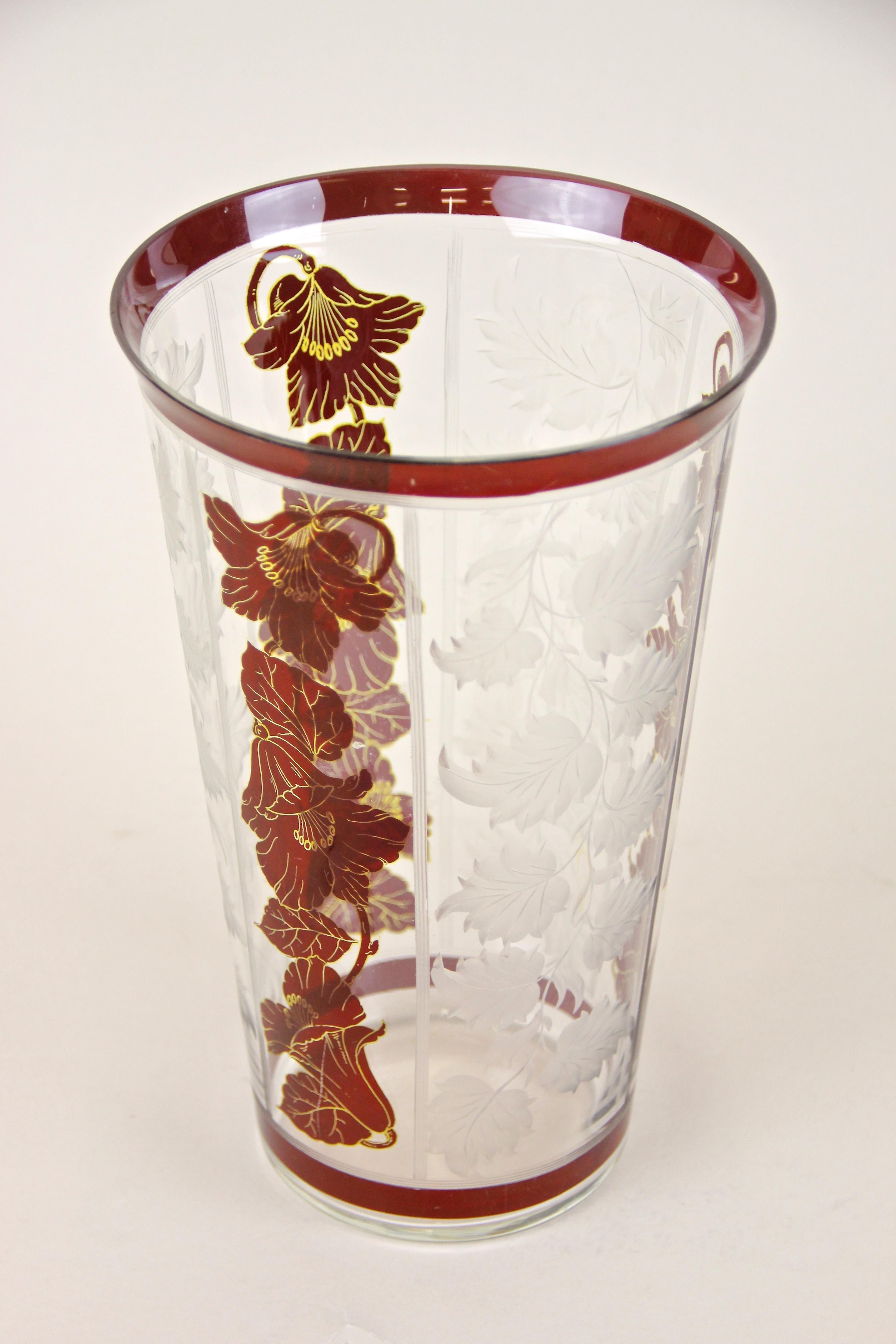 Painted Art Nouveau Glass Vase with Flowers and Engraved Leaves, Austria, circa 1900