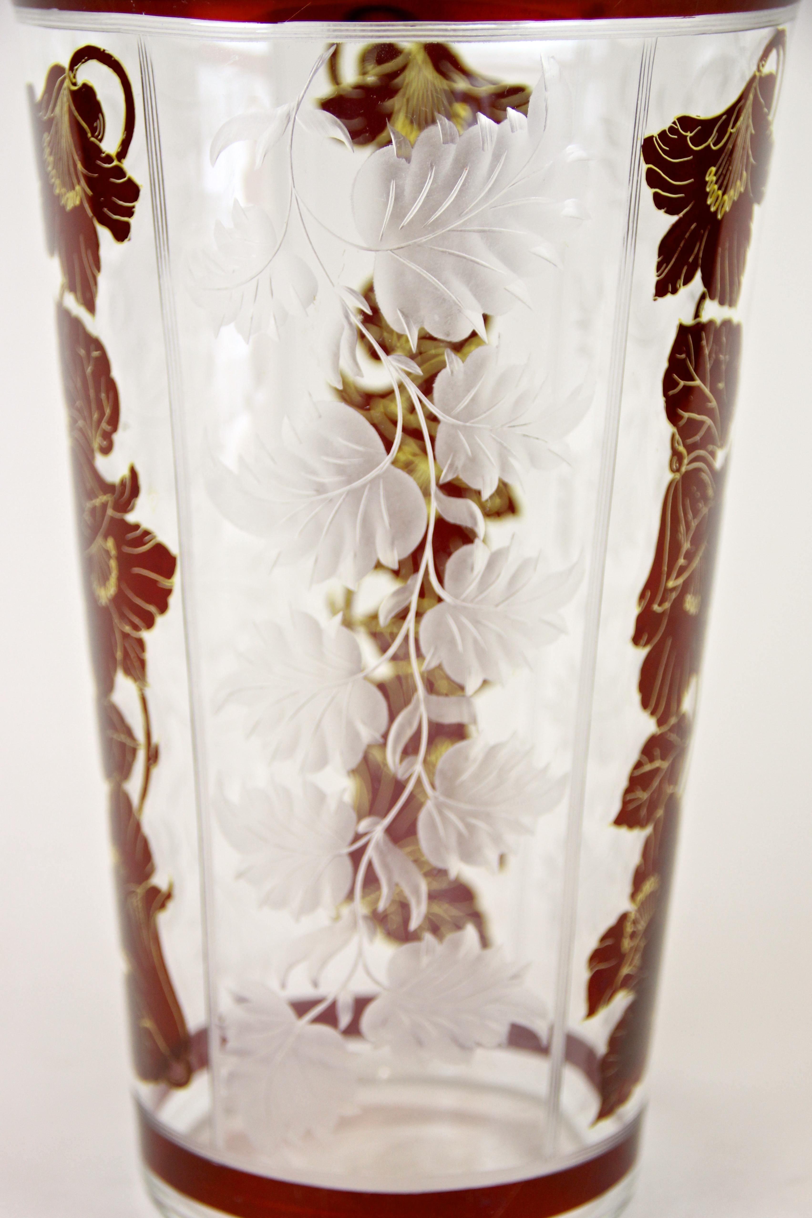 Art Nouveau Glass Vase with Flowers and Engraved Leaves, Austria, circa 1900 1