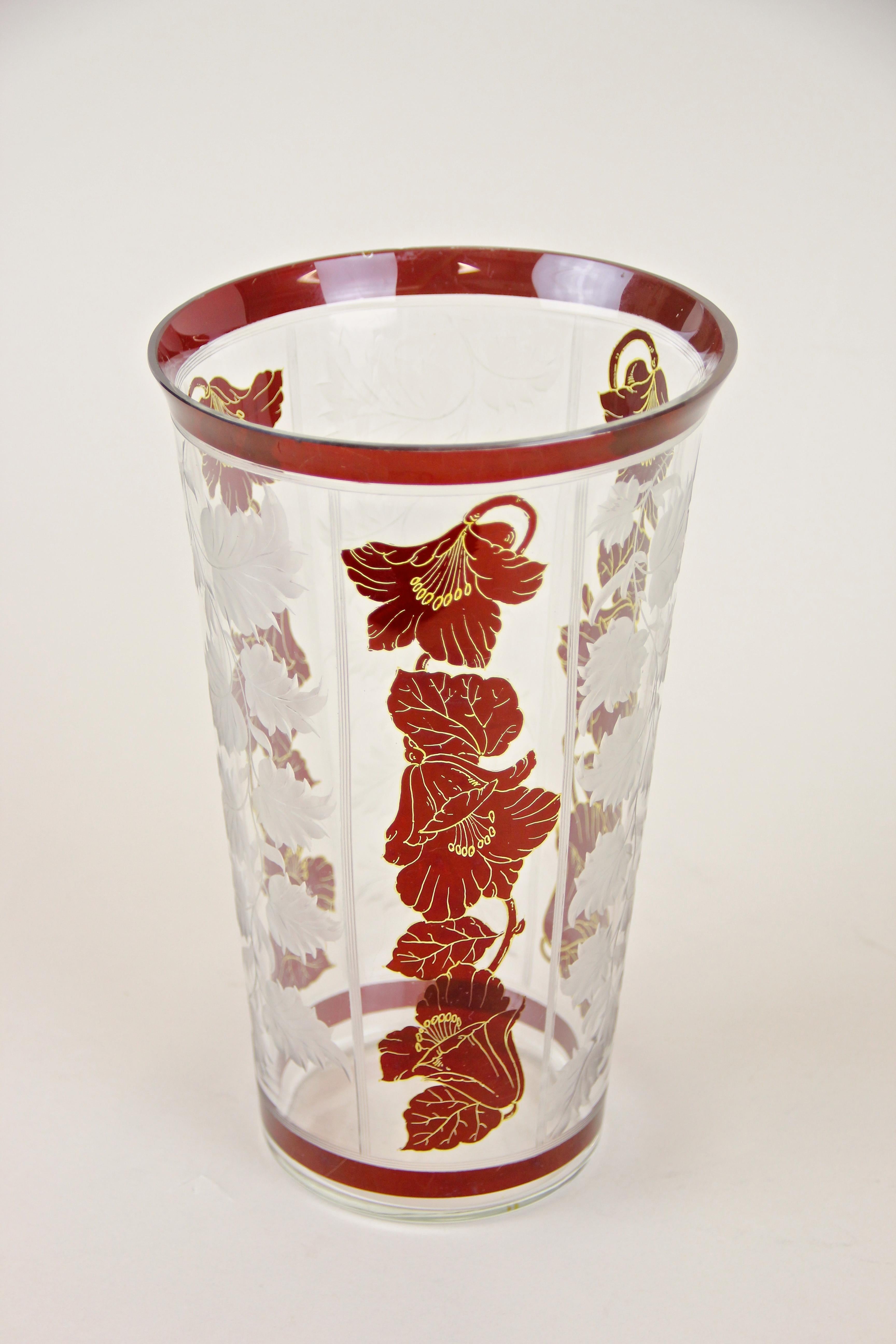 Art Nouveau Glass Vase with Flowers and Engraved Leaves, Austria, circa 1900 3