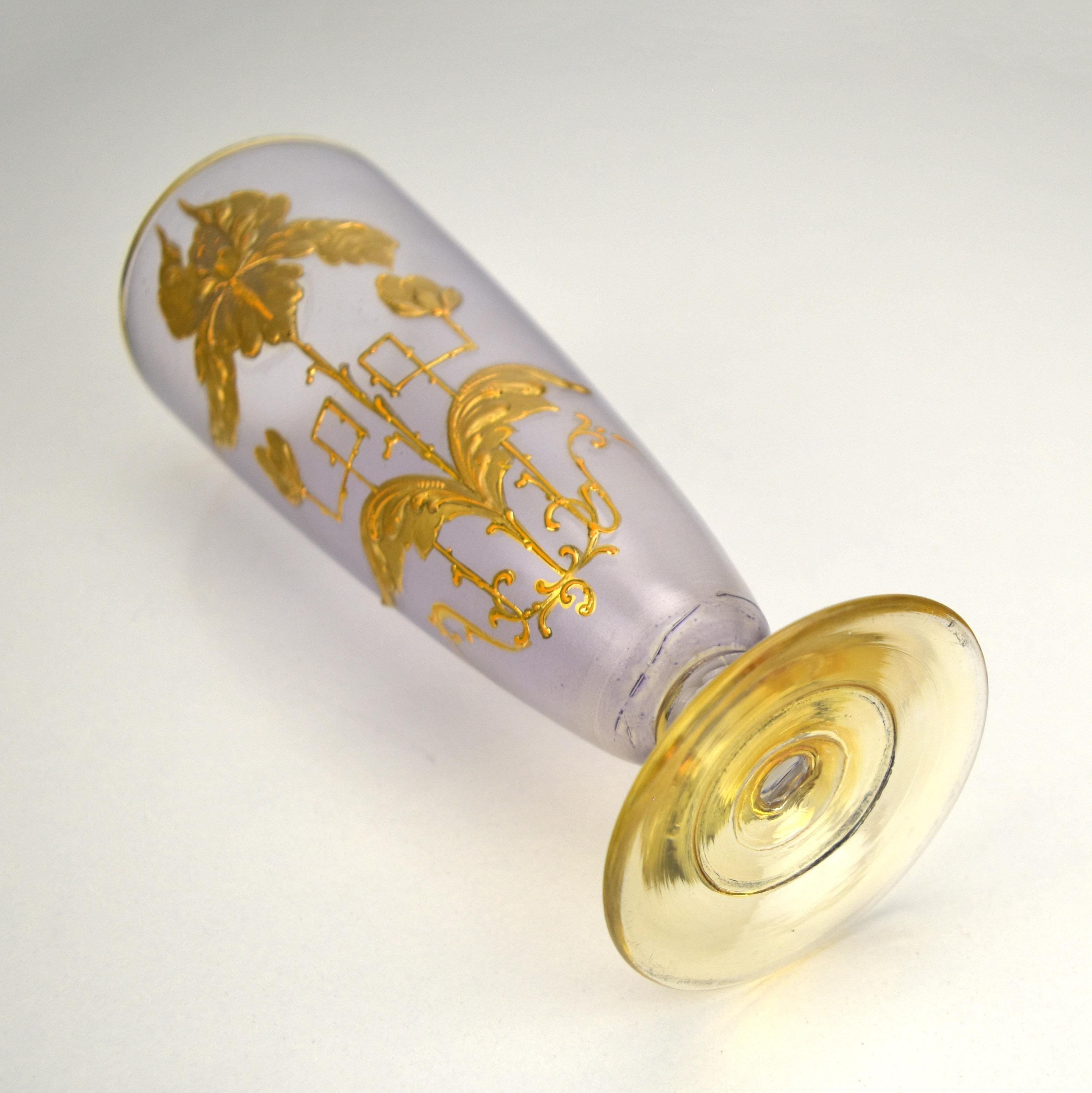 Art Nouveau Glass Vase with Violet Satin Finish and Gold Iris Relief Enamel 4