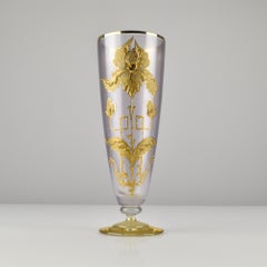 Art Nouveau Glass Vase with Violet Satin Finish and Gold Iris Relief Enamel