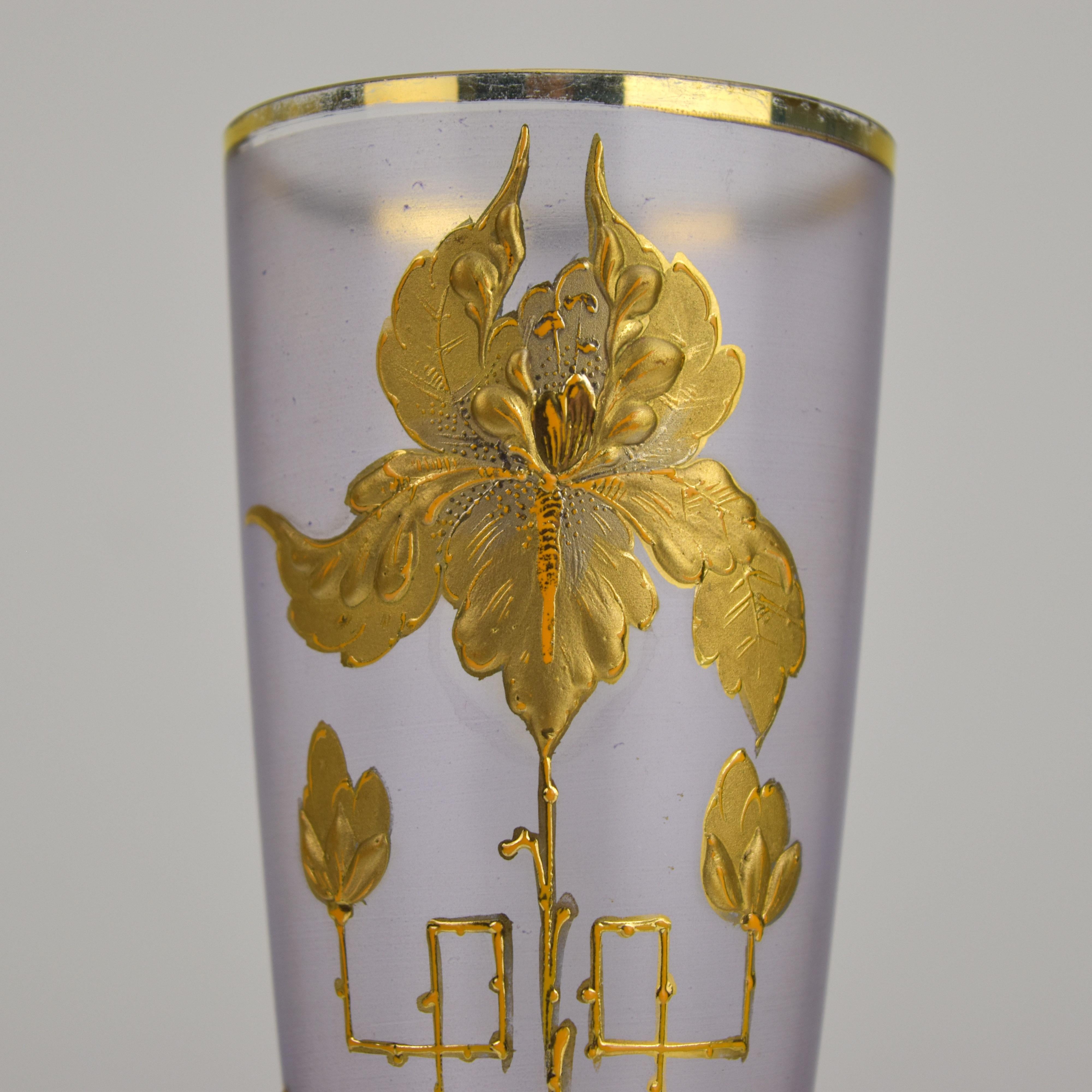 Czech Art Nouveau Glass Vase with Violet Satin Finish and Gold Iris Relief Enamel