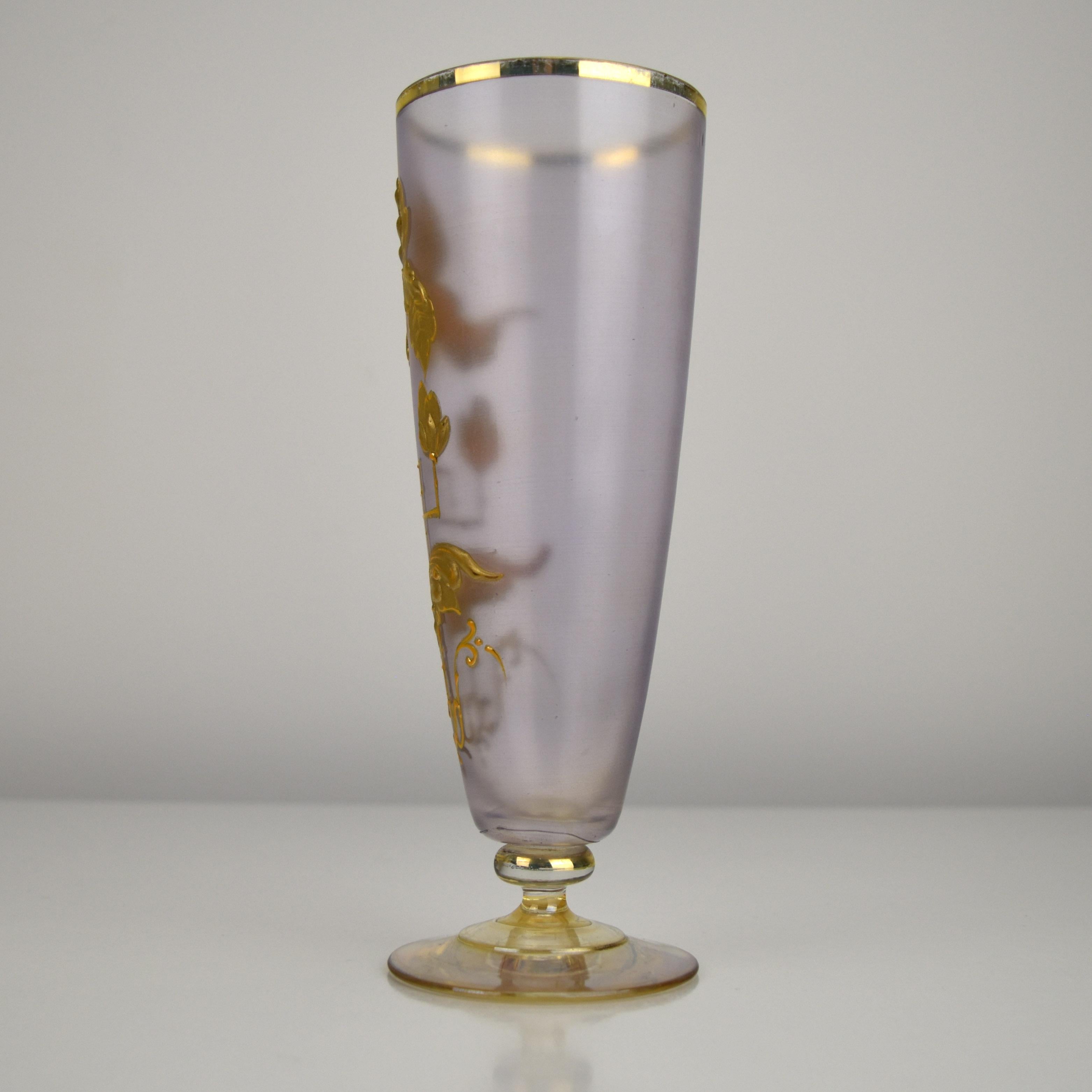 Hand-Painted Art Nouveau Glass Vase with Violet Satin Finish and Gold Iris Relief Enamel
