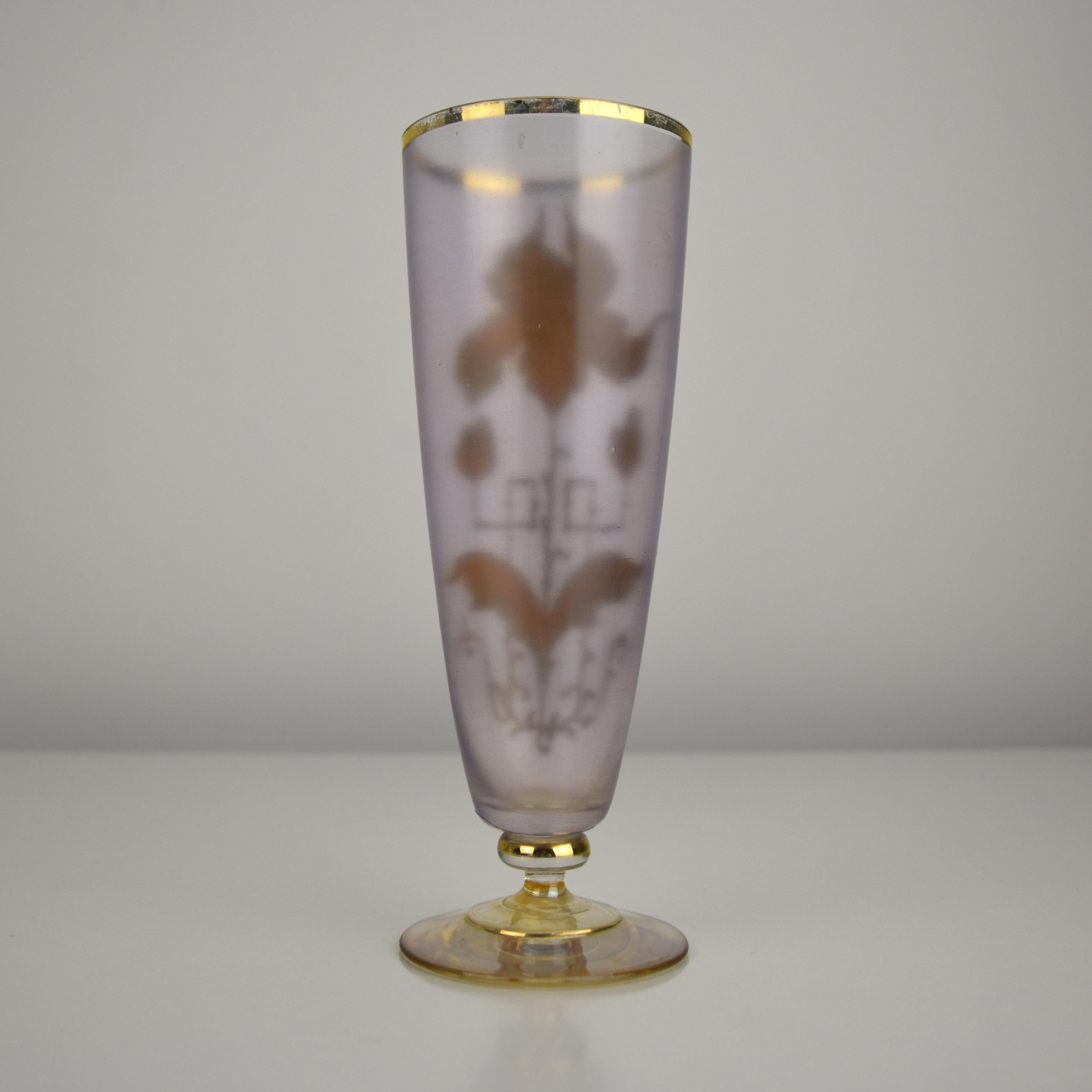 Art Nouveau Glass Vase with Violet Satin Finish and Gold Iris Relief Enamel In Good Condition In Bad Säckingen, DE