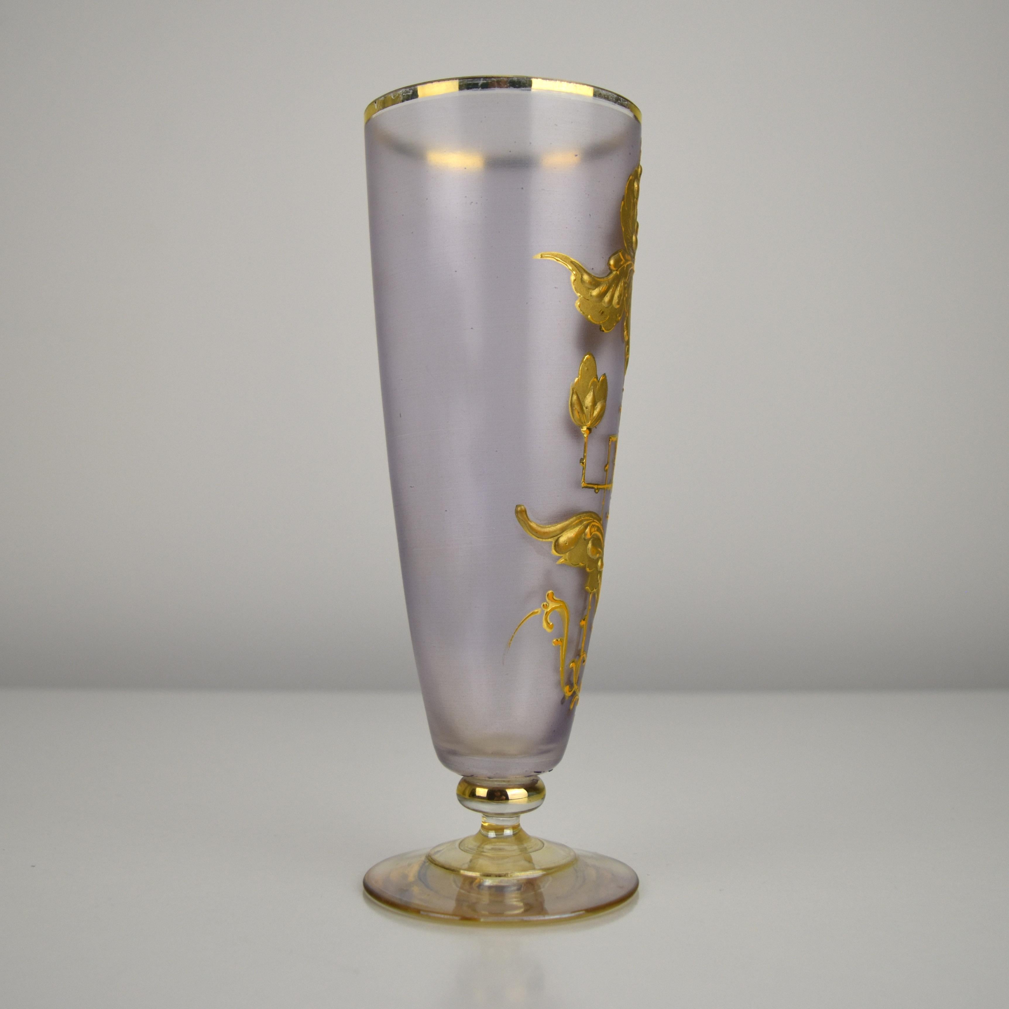 Early 20th Century Art Nouveau Glass Vase with Violet Satin Finish and Gold Iris Relief Enamel