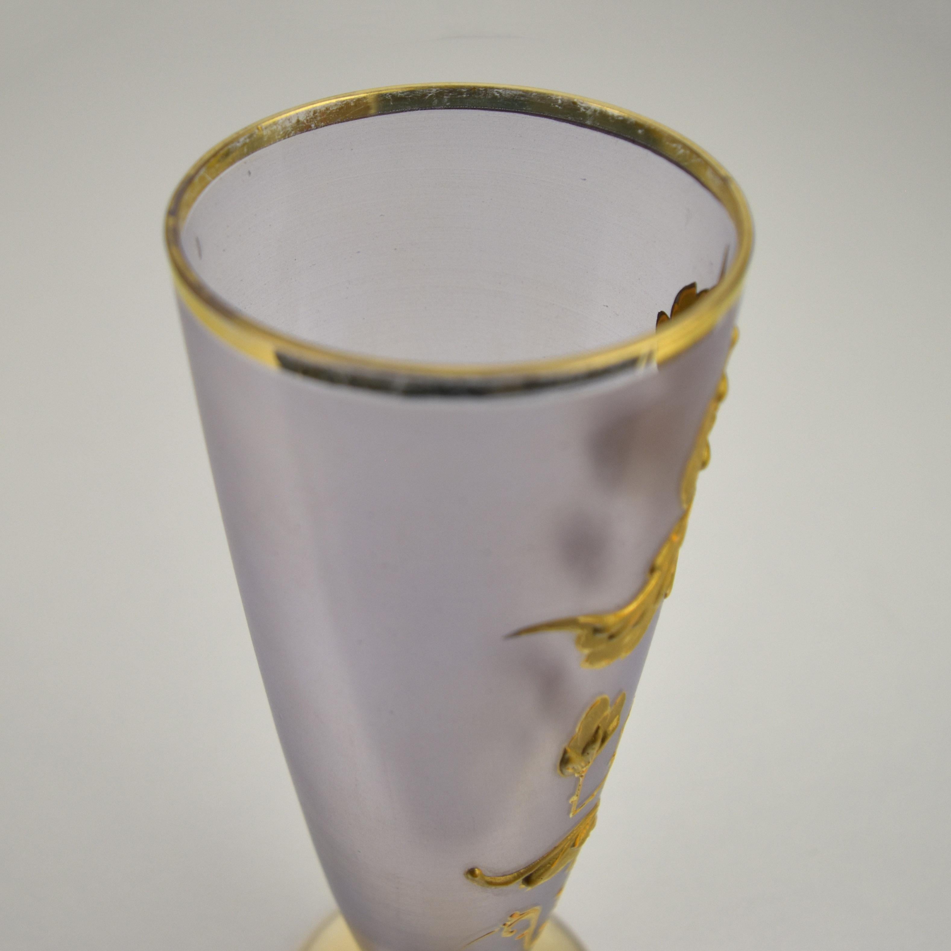 Art Nouveau Glass Vase with Violet Satin Finish and Gold Iris Relief Enamel 1