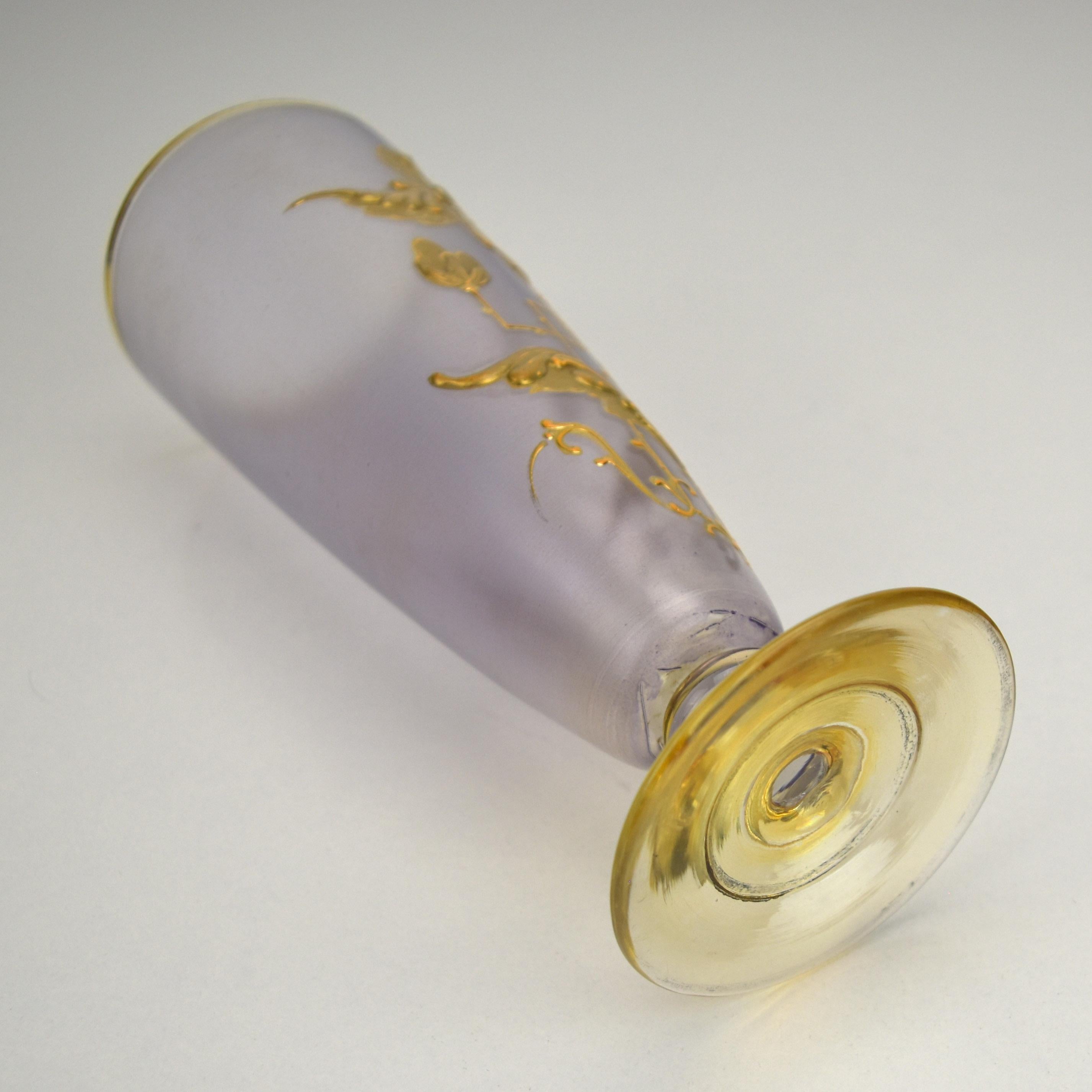 Art Nouveau Glass Vase with Violet Satin Finish and Gold Iris Relief Enamel 3