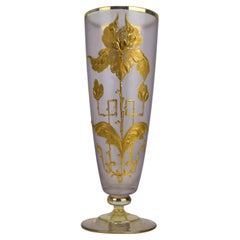 Art Nouveau Glass Vase with Violet Satin Finish and Gold Iris Relief Enamel