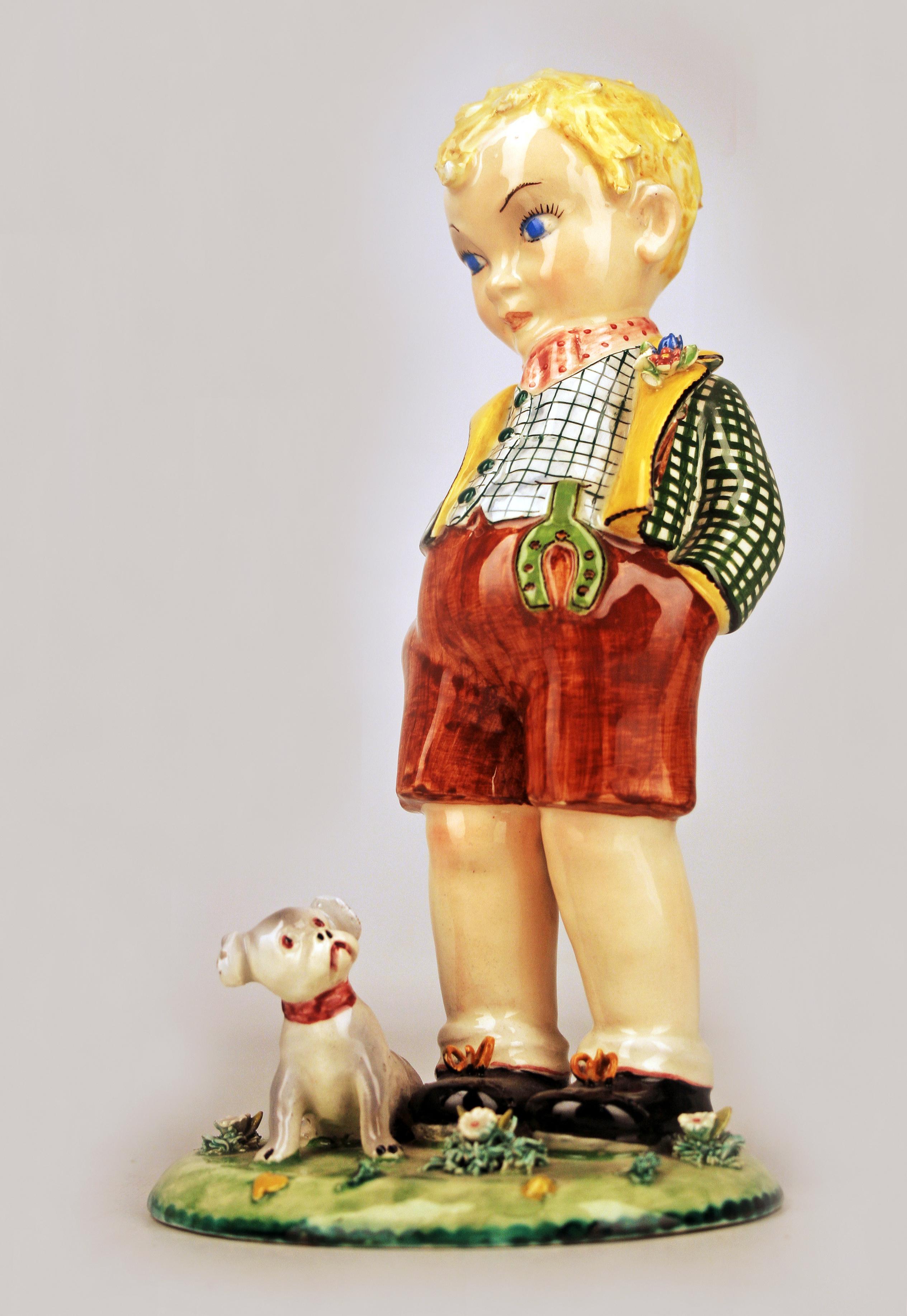 Art Nouveau glazed italian Torino-like porcelain figurine of a boy and his dog

By: unknown
Material: ceramic, porcelain, paint, enamel
Technique: glazed, pressed, molded, painted, hand-painted, enameled, polished
Dimensions: 4 in x 5 in x 11