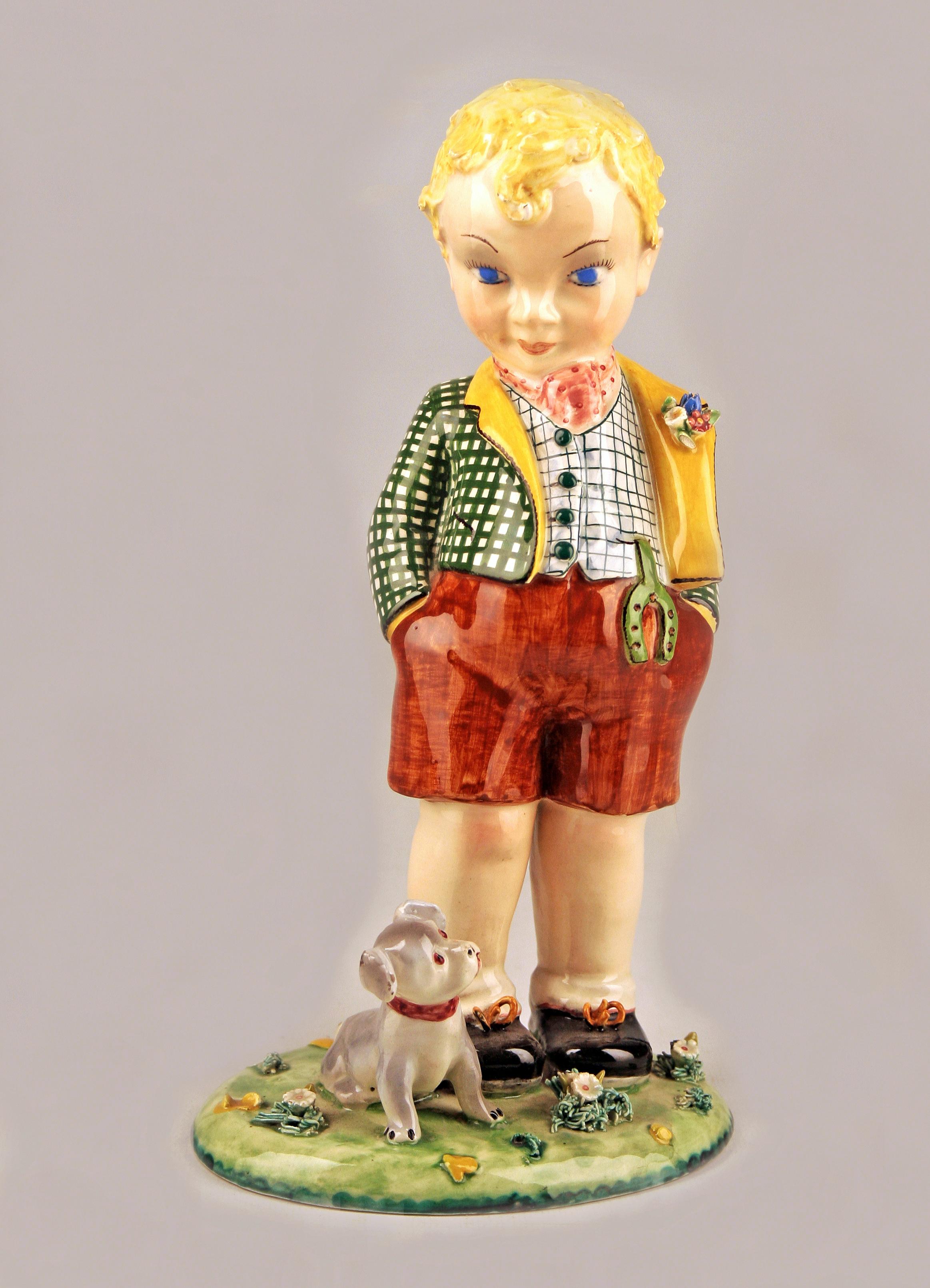 Polished Art Nouveau Glazed Italian Torino-Like Porcelain Figurine of a Boy and his Dog For Sale
