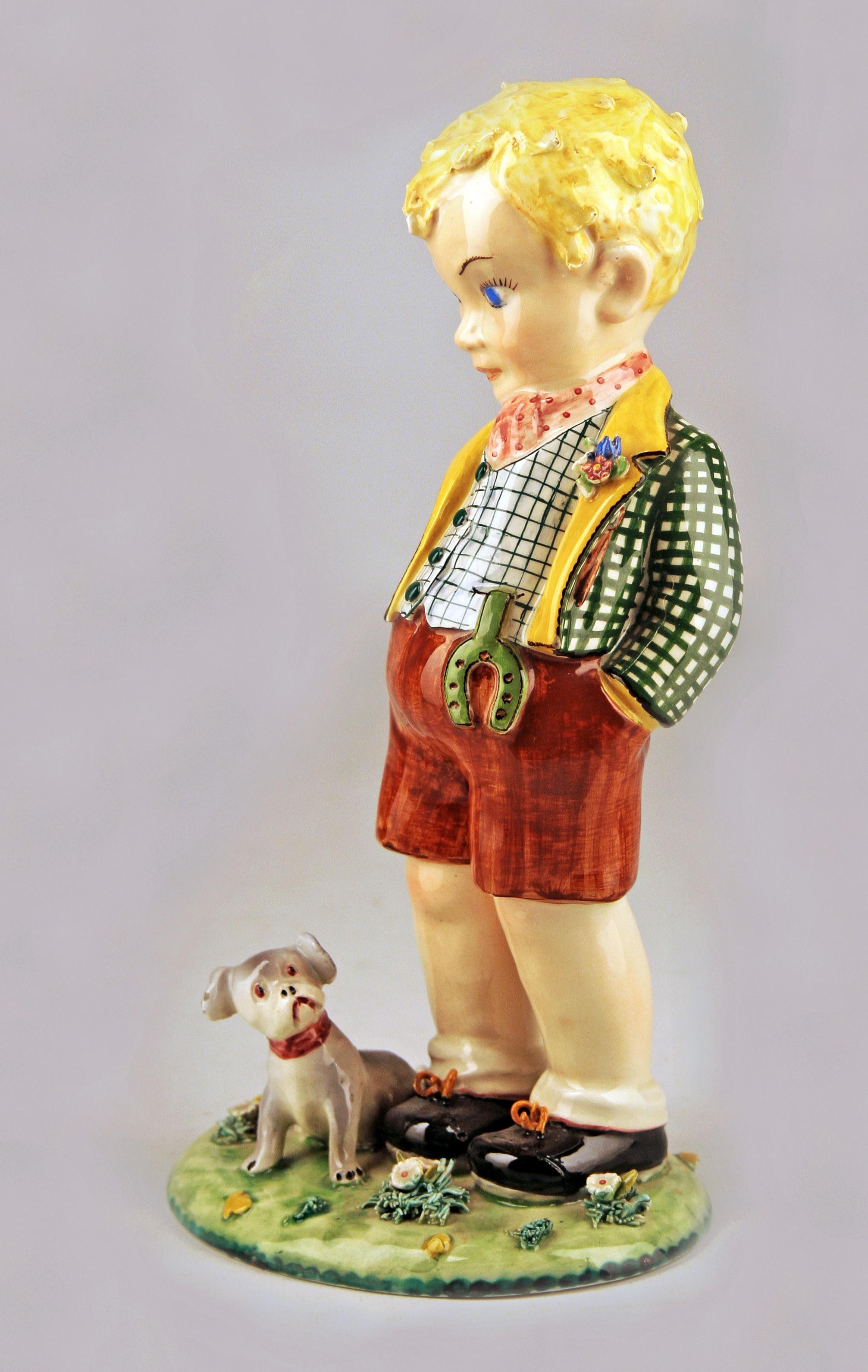 20th Century Art Nouveau Glazed Italian Torino-Like Porcelain Figurine of a Boy and his Dog For Sale