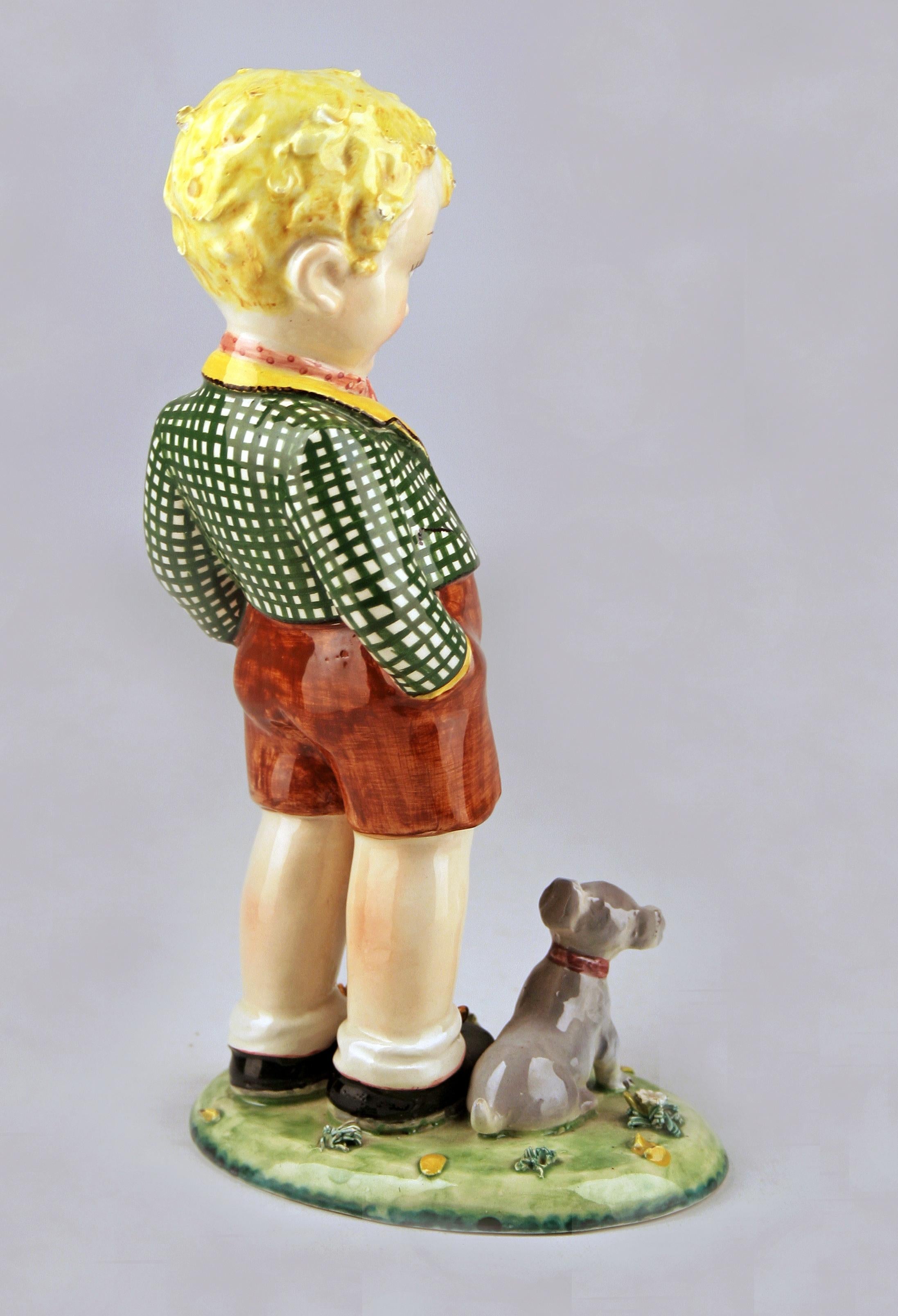 Enamel Art Nouveau Glazed Italian Torino-Like Porcelain Figurine of a Boy and his Dog For Sale