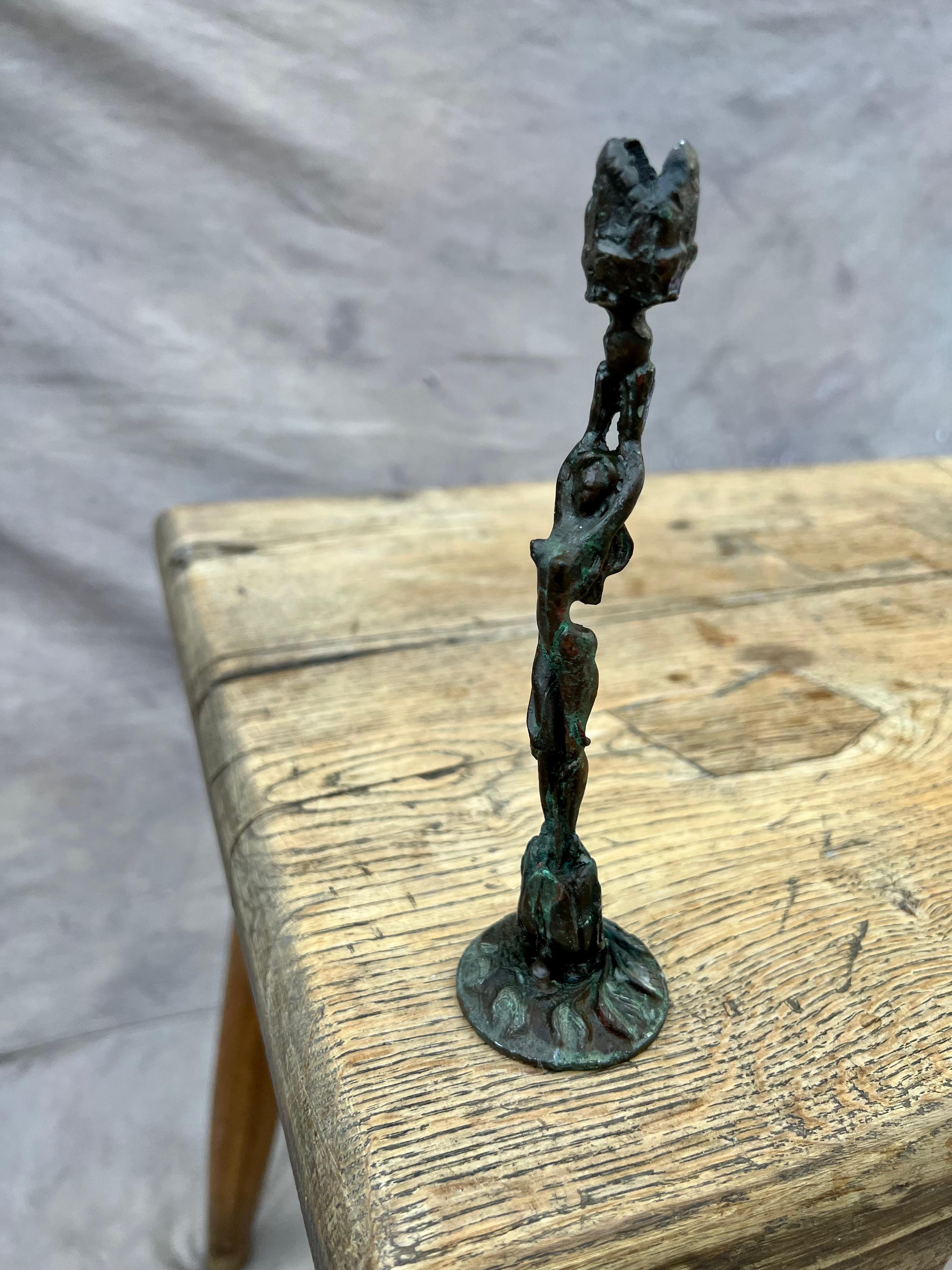 Patinated Art Nouveau Goddess Figurine Candlestick Holder For Sale