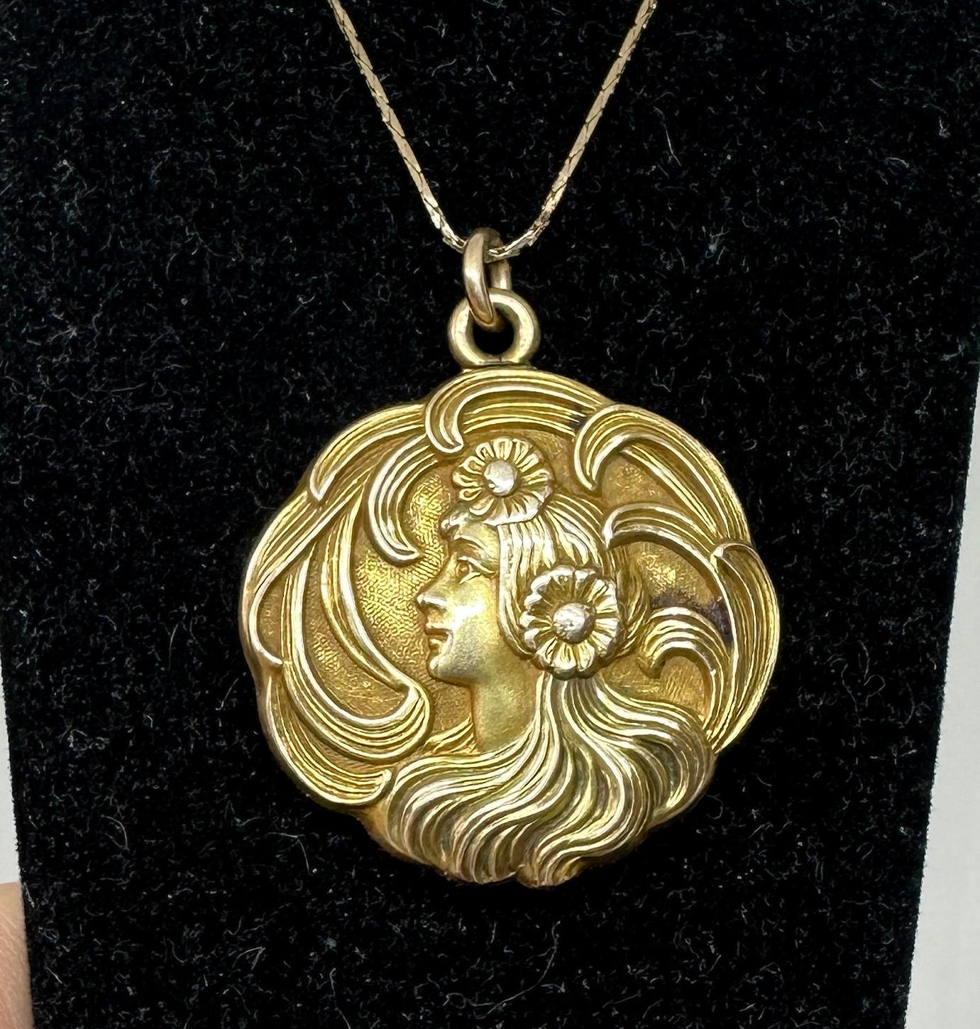 Women's Art Nouveau Goddess Maiden Woman Locket Necklace Alfonse Mucha Gorgeous For Sale