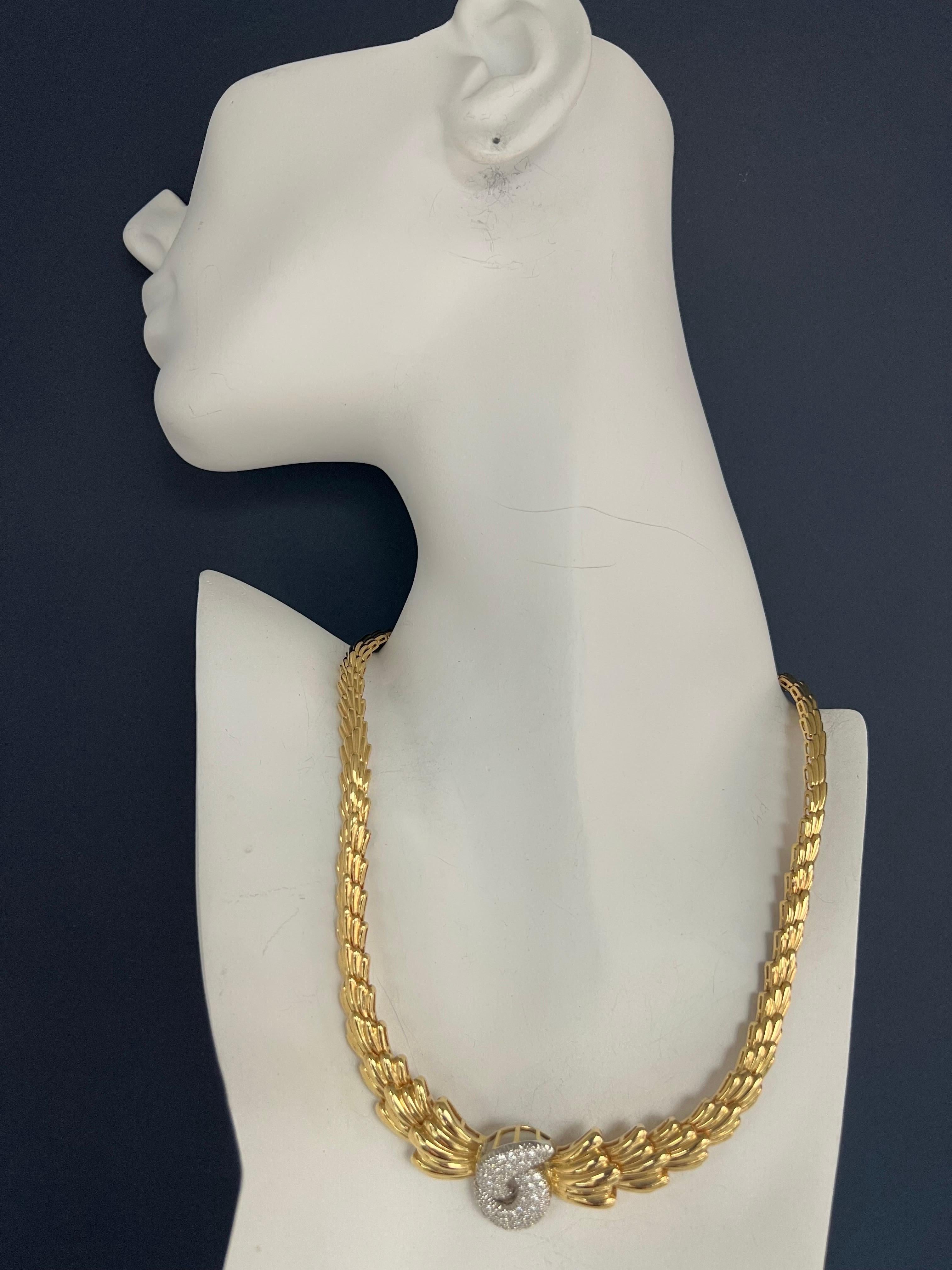 A magnificent 18k yellow gold diamond necklace. 

The piece is set with approximately 70 natural colorless round brilliant diamonds weighing 1.05 carats. 

It weighs 62 grams in total and measures 17 inches in length. 