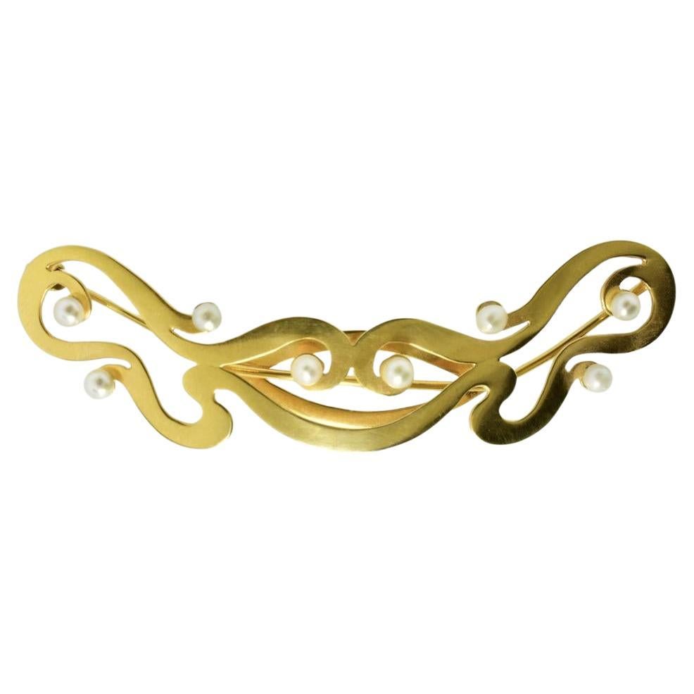 Art Nouveau Gold and 8 Natural Oriental Pearl Antique Hair Barrette, c. 1900