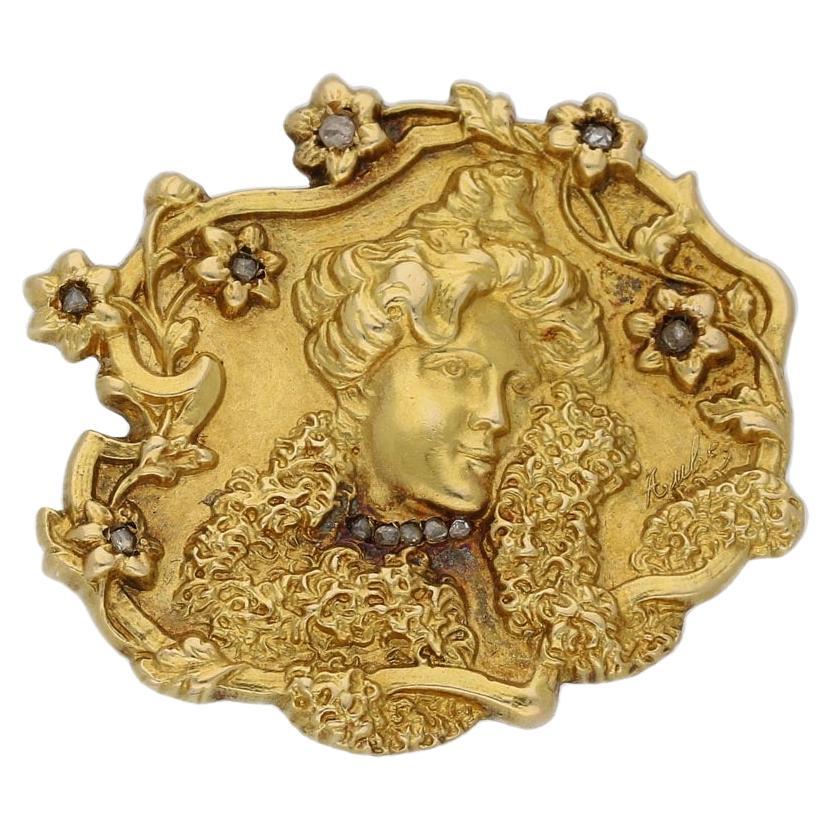 Jugendstil-Brosche aus Gold und Diamanten, um 1900. im Angebot