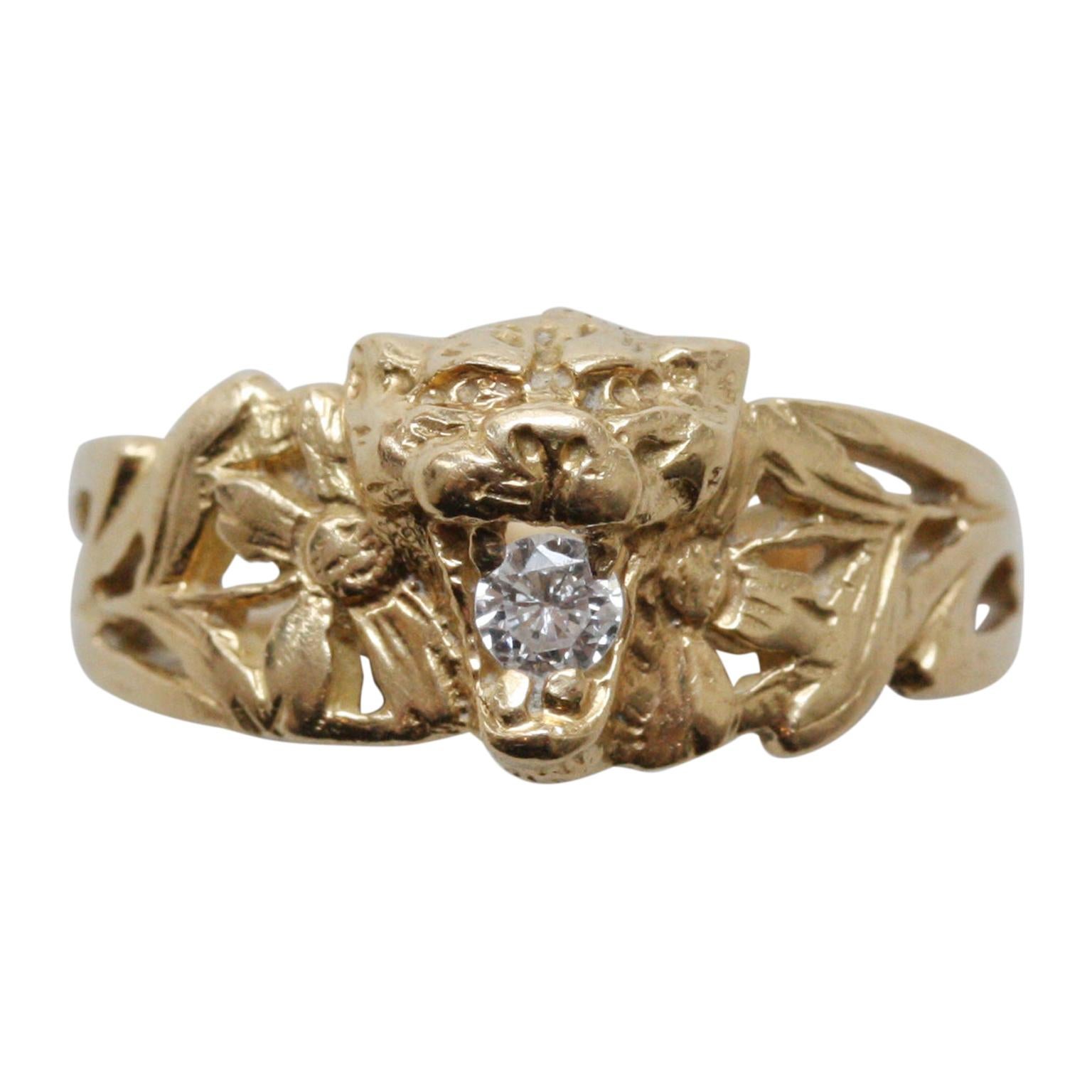 Art Nouveau Gold and Diamond Lion Ring