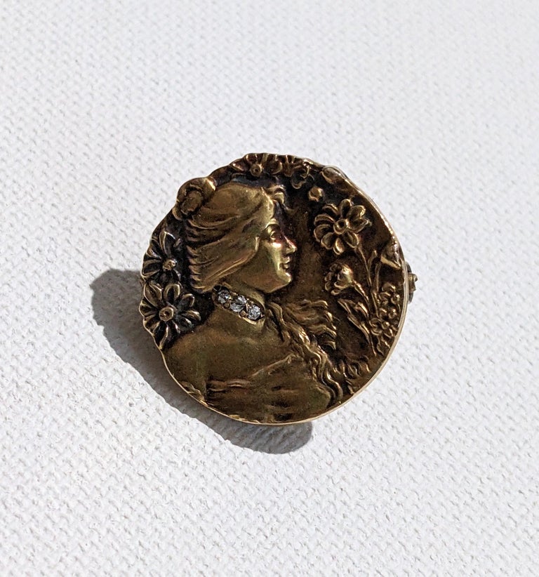 Art Nouveau Gold and Diamond Maiden Brooch For Sale at 1stDibs