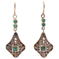 Antique Art Nouveau Gold and Silver, Emerald and Diamond Earrings, Early 20th Century