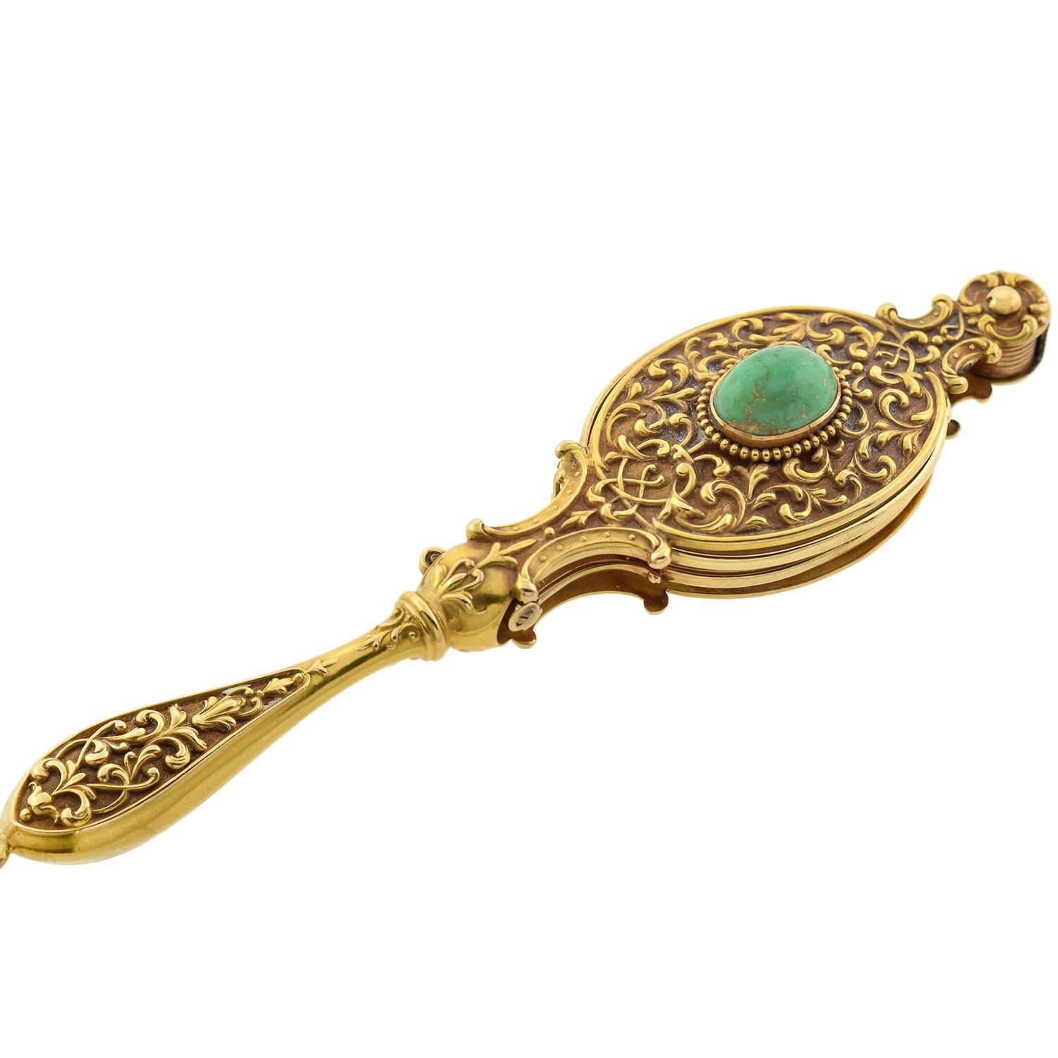 Cabochon Art Nouveau Gold and Turquoise Expandable Glasses Lorgnette