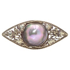 Art Nouveau Gold Brooch with 20mm Tahitian Pearl, Circa 1910