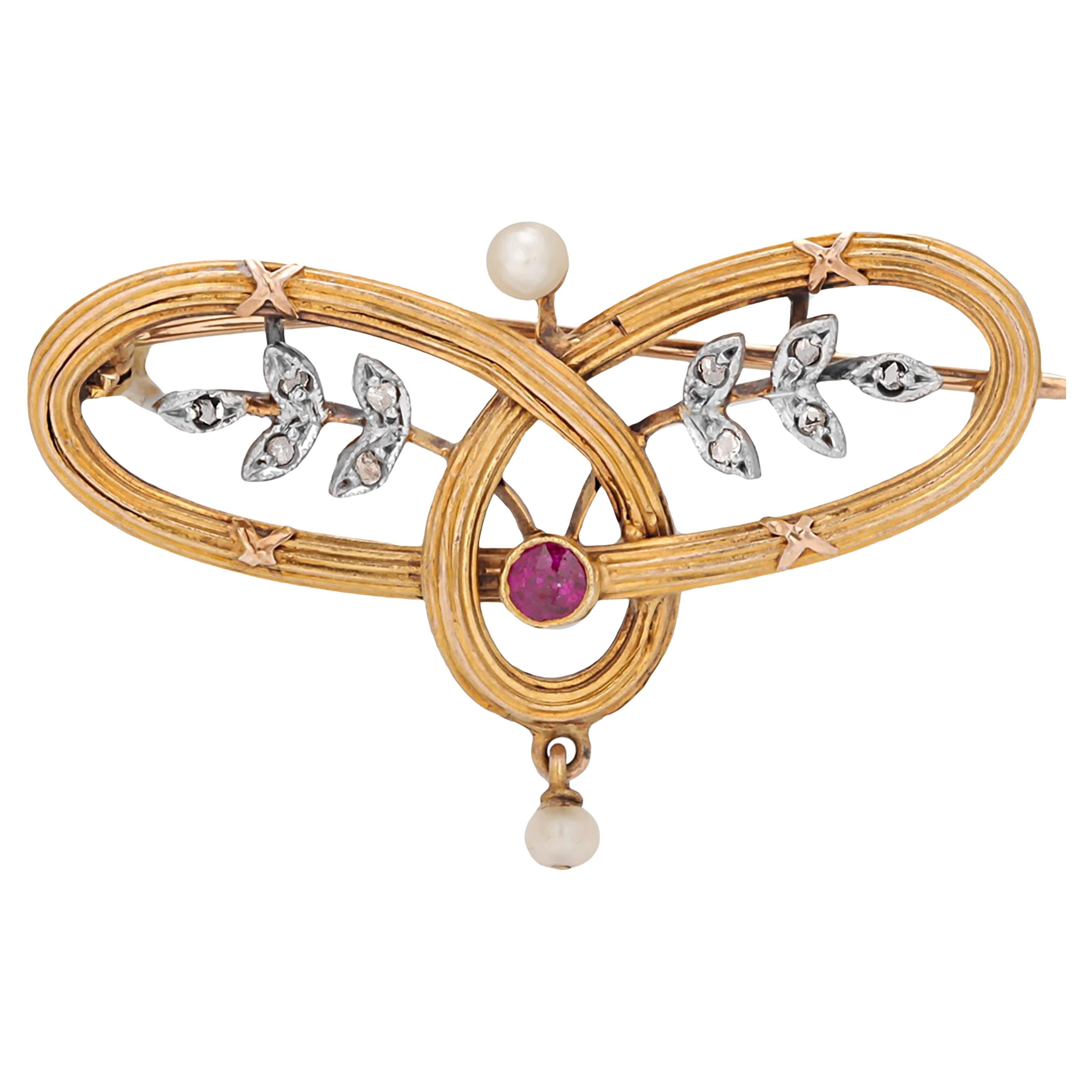 Art Nouveau Gold Brooch with Diamonds in Platinum Pearls and Ruby