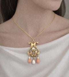 Art Nouveau Gold Coral & Pearl Detailed Drop Lavalier Pendant Necklace