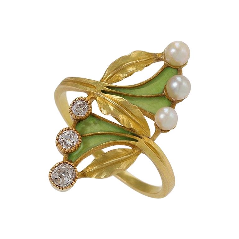 Art Nouveau Gold, Diamond, Pearl and Enamel Ring by Gaston Lafitte
