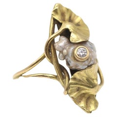 Art Nouveau Gold Diamond Pearl Ring, Circa 1925, France, Size 6.5