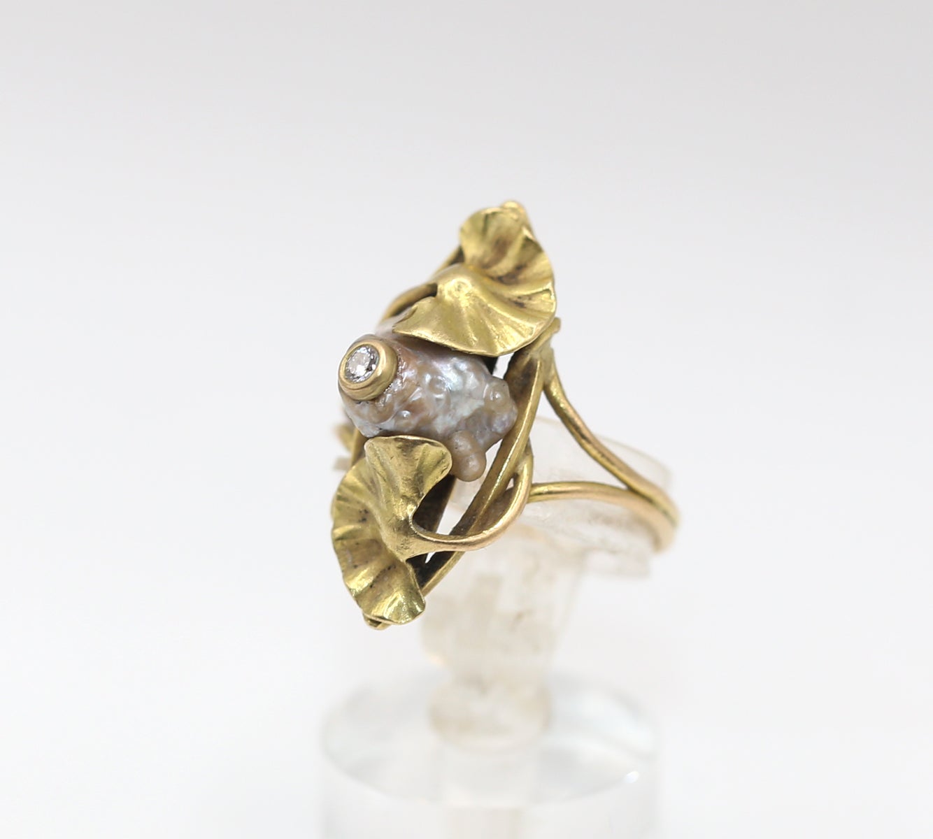Round Cut Art Nouveau Gold Diamond Pearl Ring, 1925 For Sale