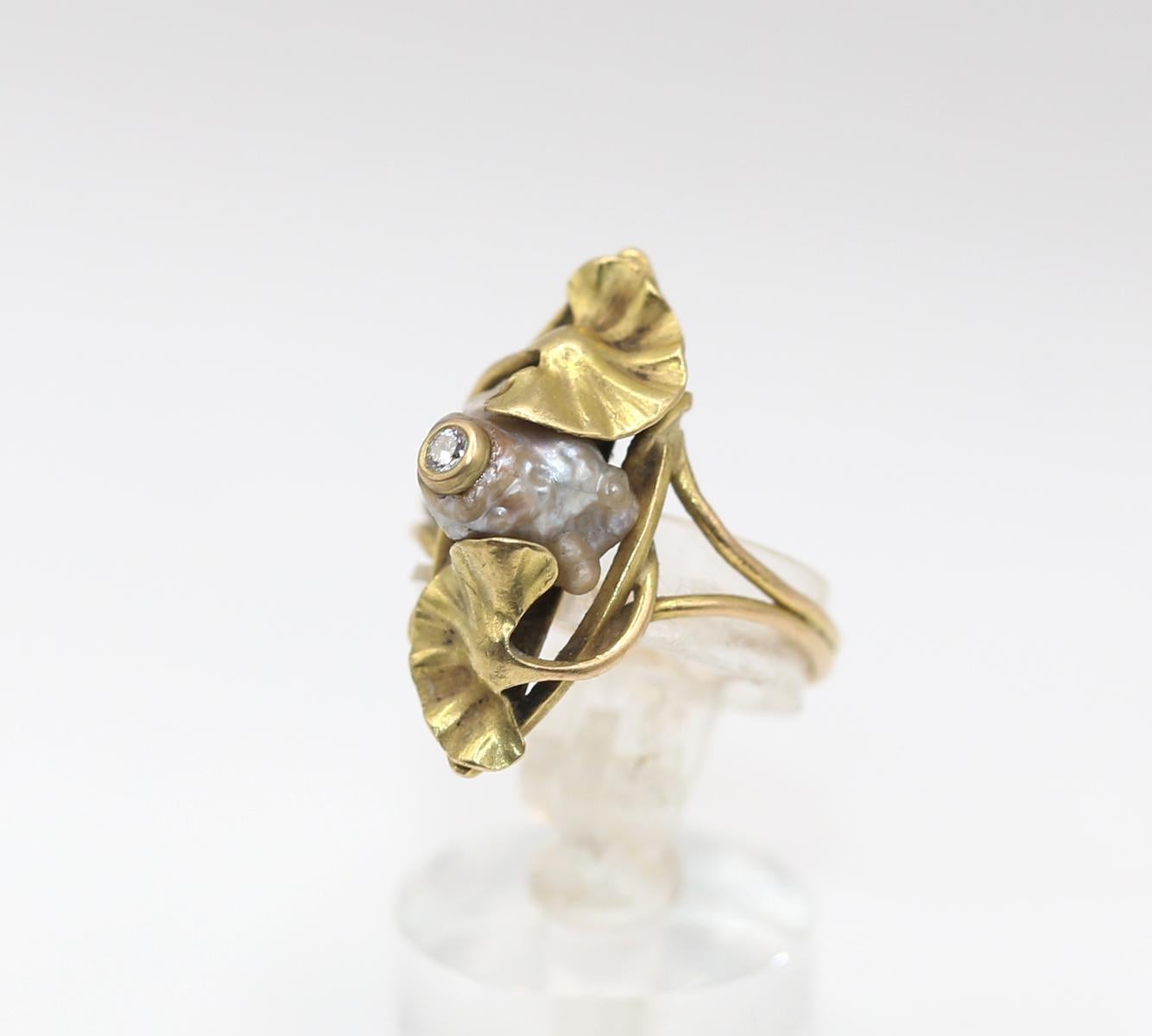 Art Nouveau Gold Diamond Pearl Ring, 1925 For Sale 1