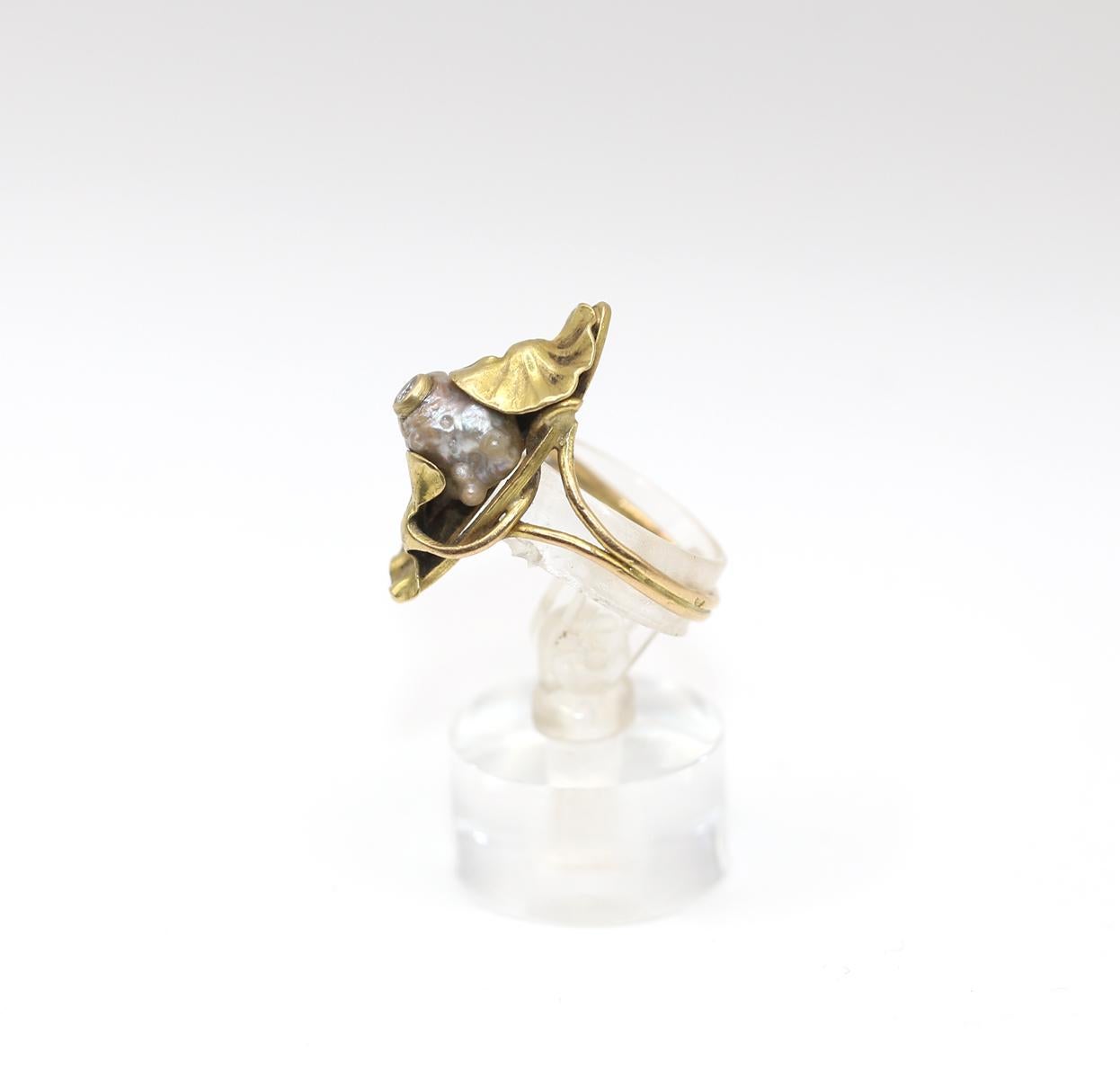 Art Nouveau Gold Diamond Pearl Ring, 1925 For Sale 2