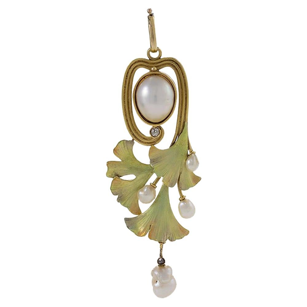Art Nouveau Gold, Enamel and Diamond Ginkgo Leaf Pendant